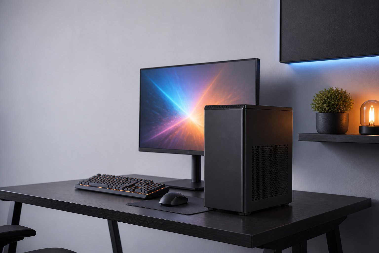 省スペースの机に置かれたコンパクトなゲーミングPCとモニター
