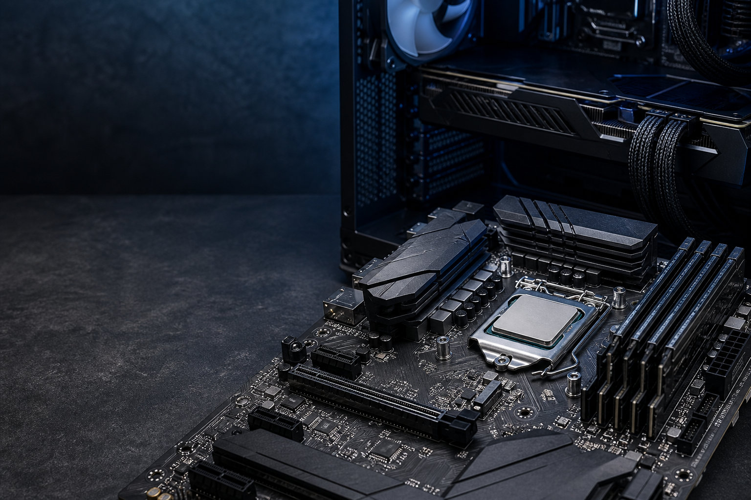 デスクトップPCのマザーボードに装着されたCPUと周辺パーツ