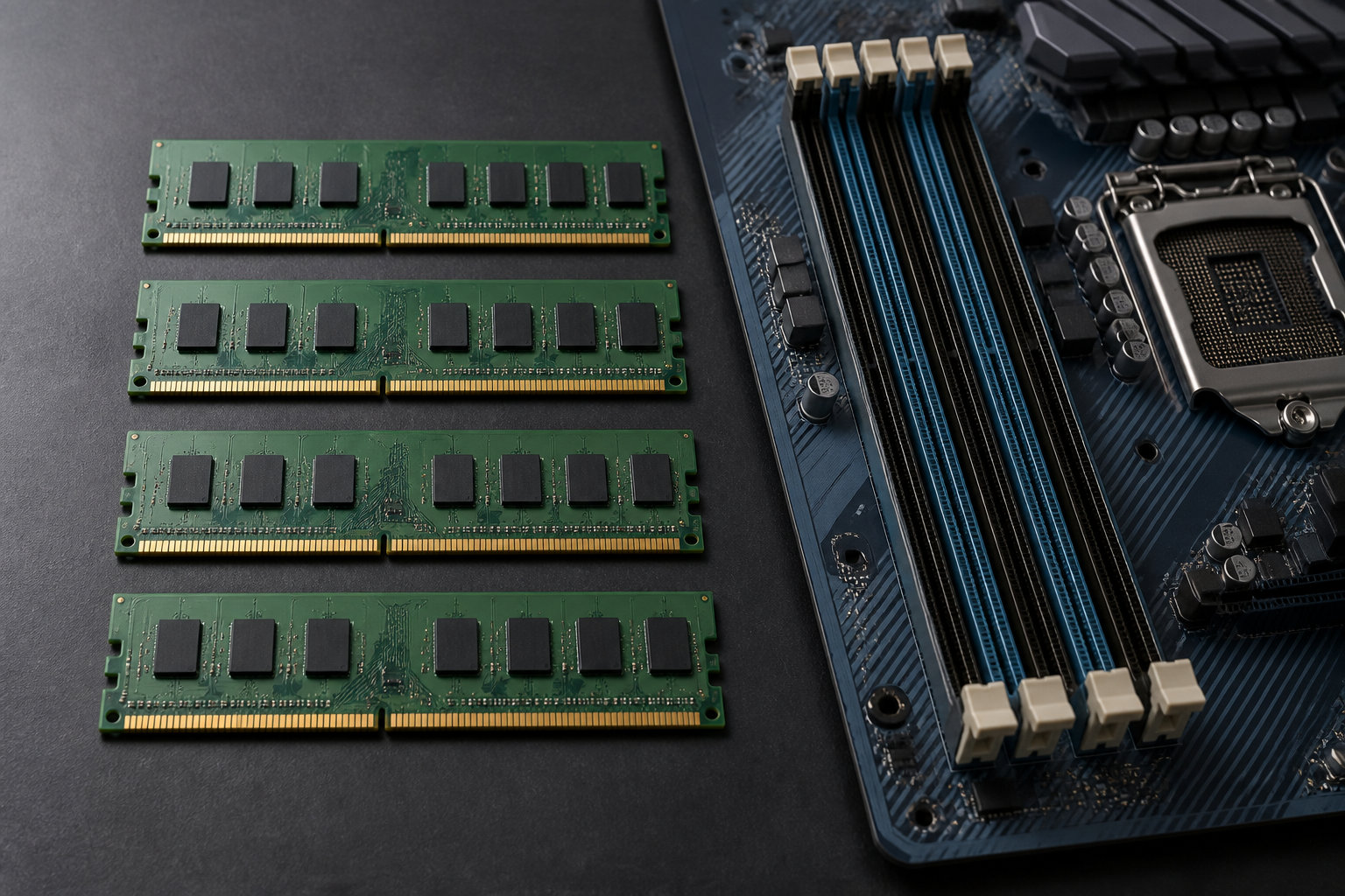 DDR3メモリ4枚とマザーボードのメモリスロットを並べたイメージ