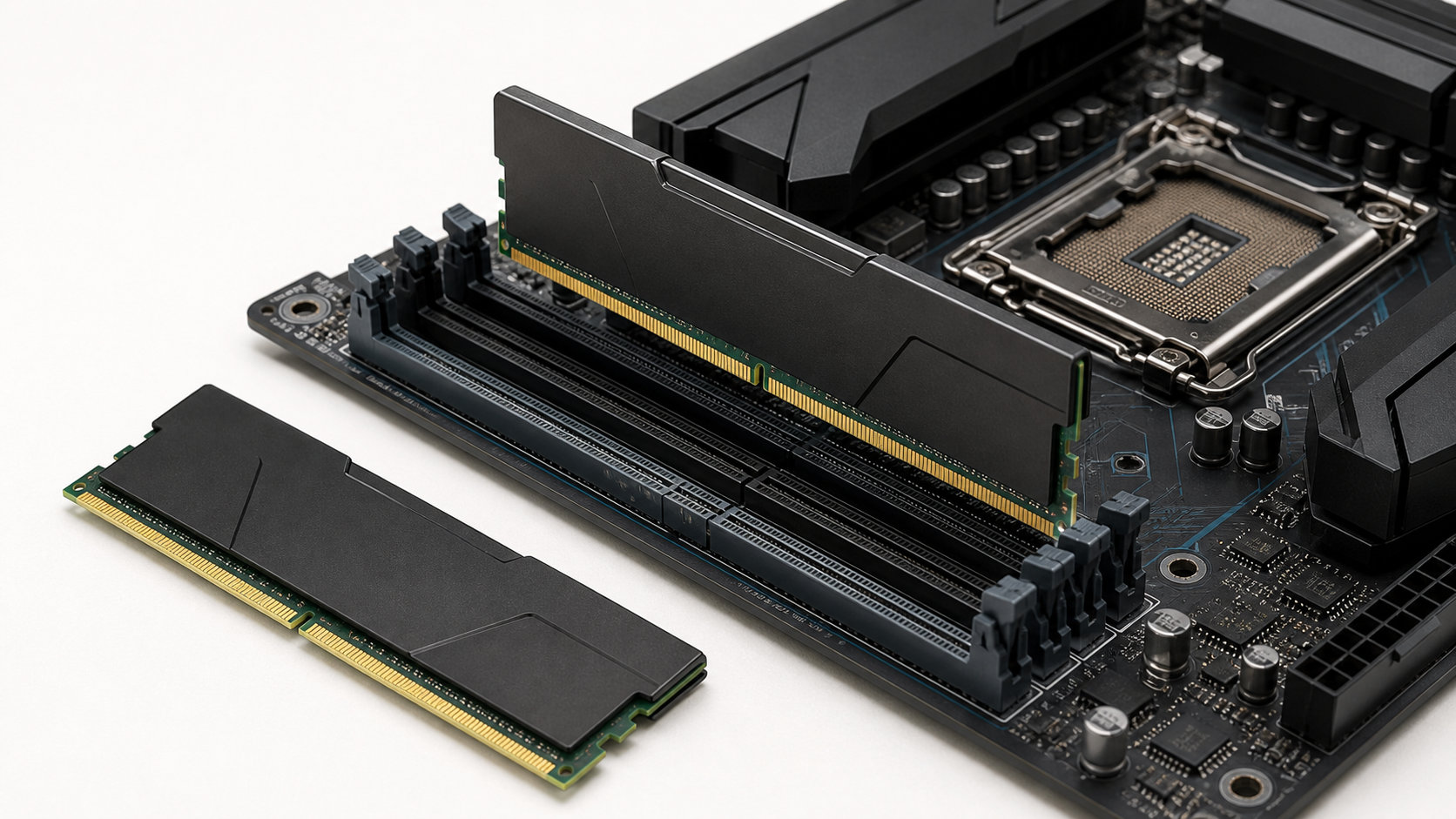 デスクトップ用DIMMメモリとマザーボードのメモリスロットを示すイメージ