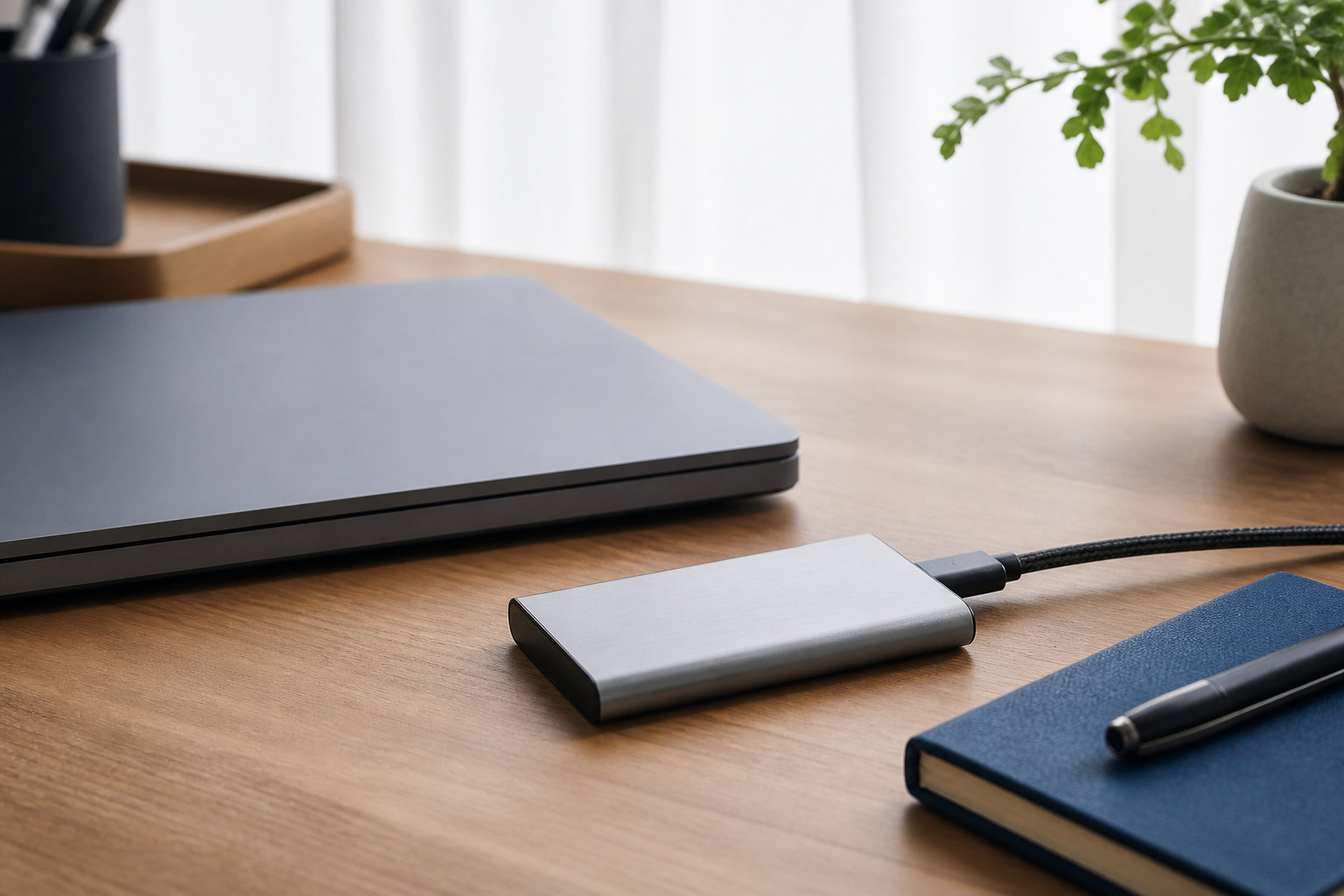 ノートパソコンのそばでUSBケーブルにつながれた銀色の外付けSSD