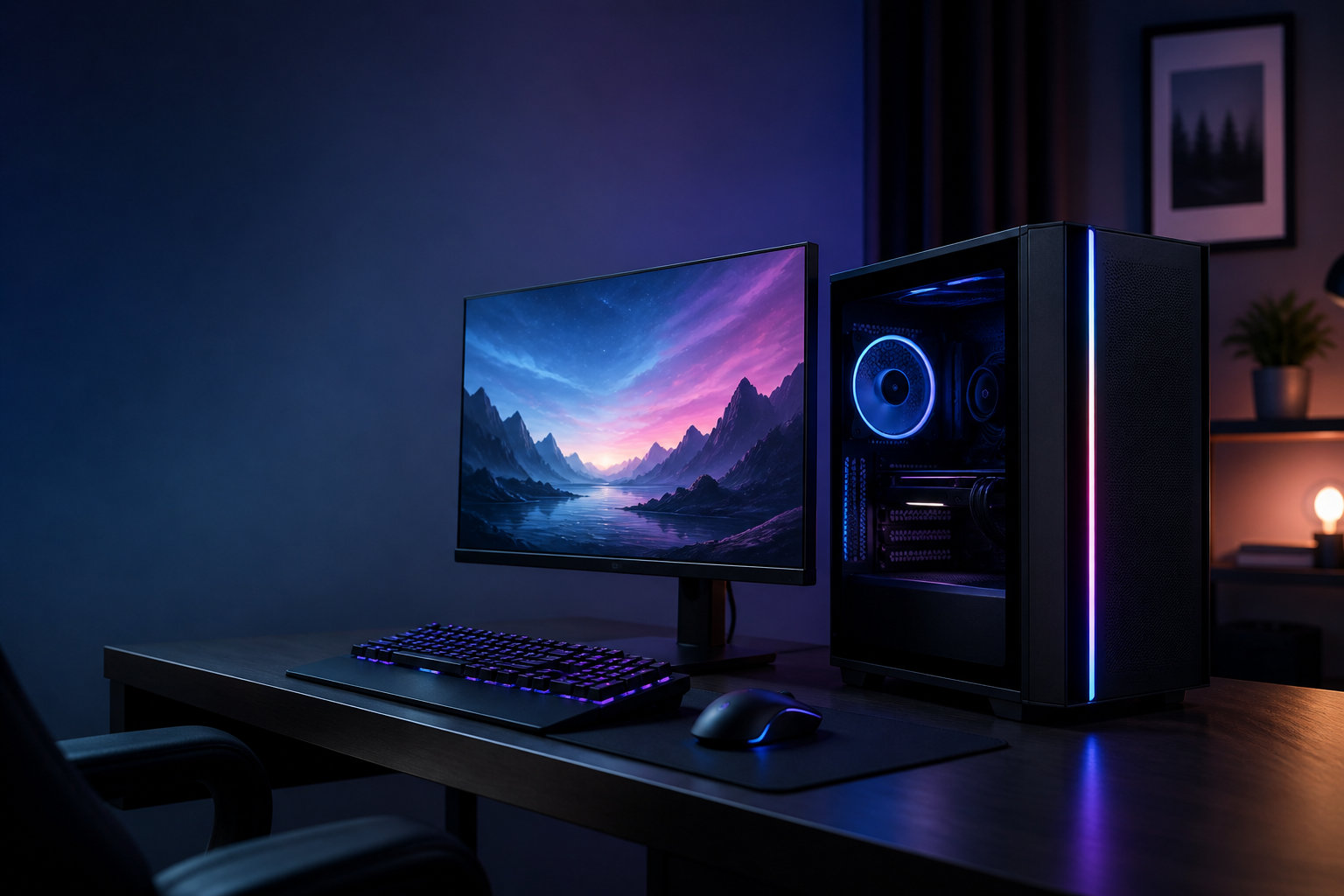 モニターとデスクトップ型ゲーミングPCを置いたゲーム環境