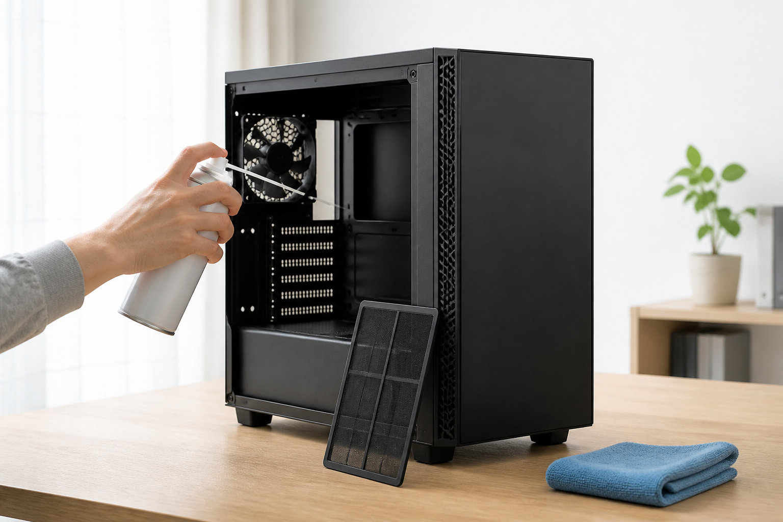 電源を切ったデスクトップPCのケース内部とフィルターをエアダスターで清掃するイメージ