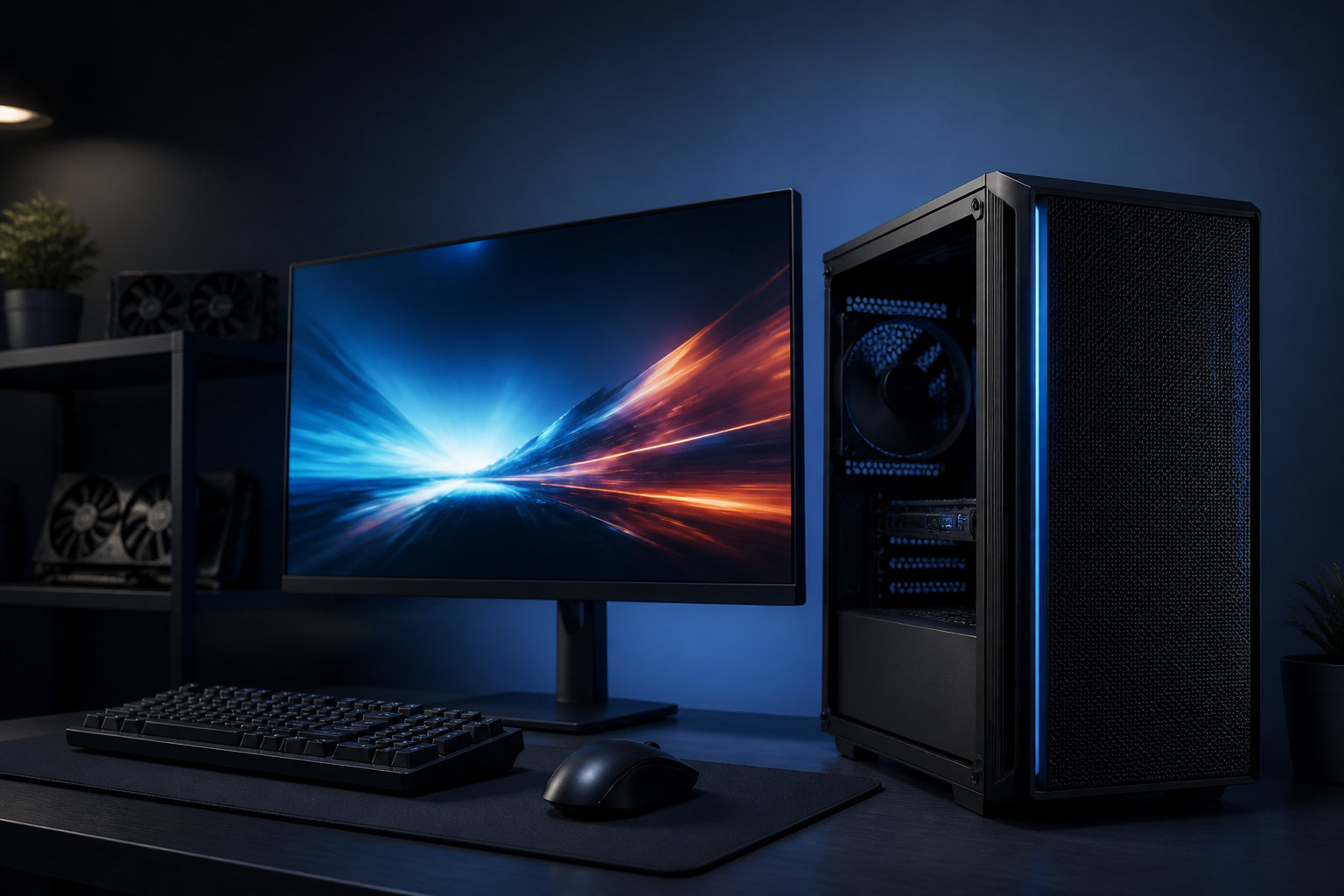 デスクトップ型ゲーミングPCとモニターでゲーム環境を確認するイメージ