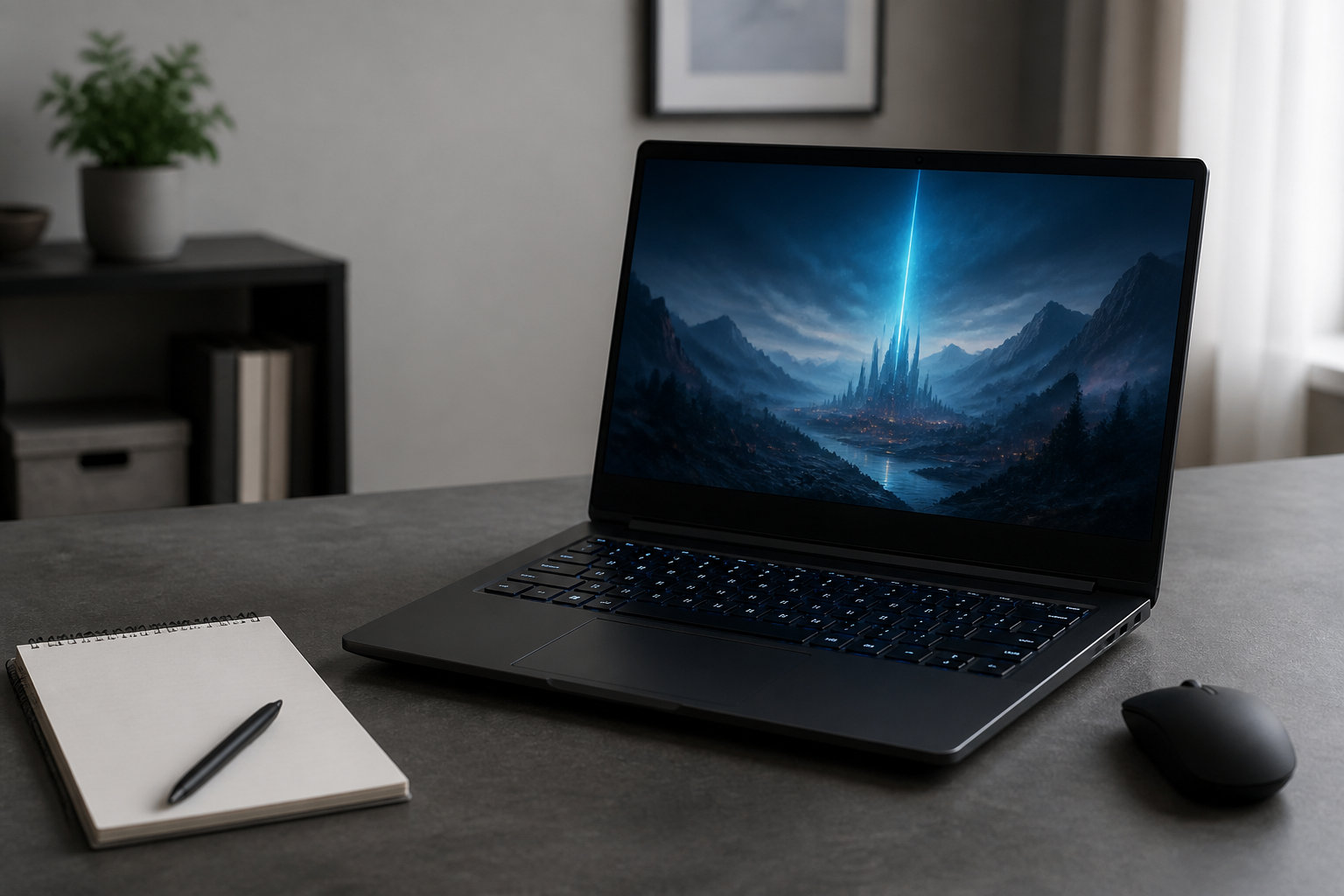 ゲーム画面を表示したノートPCとマウスを置いたデスク