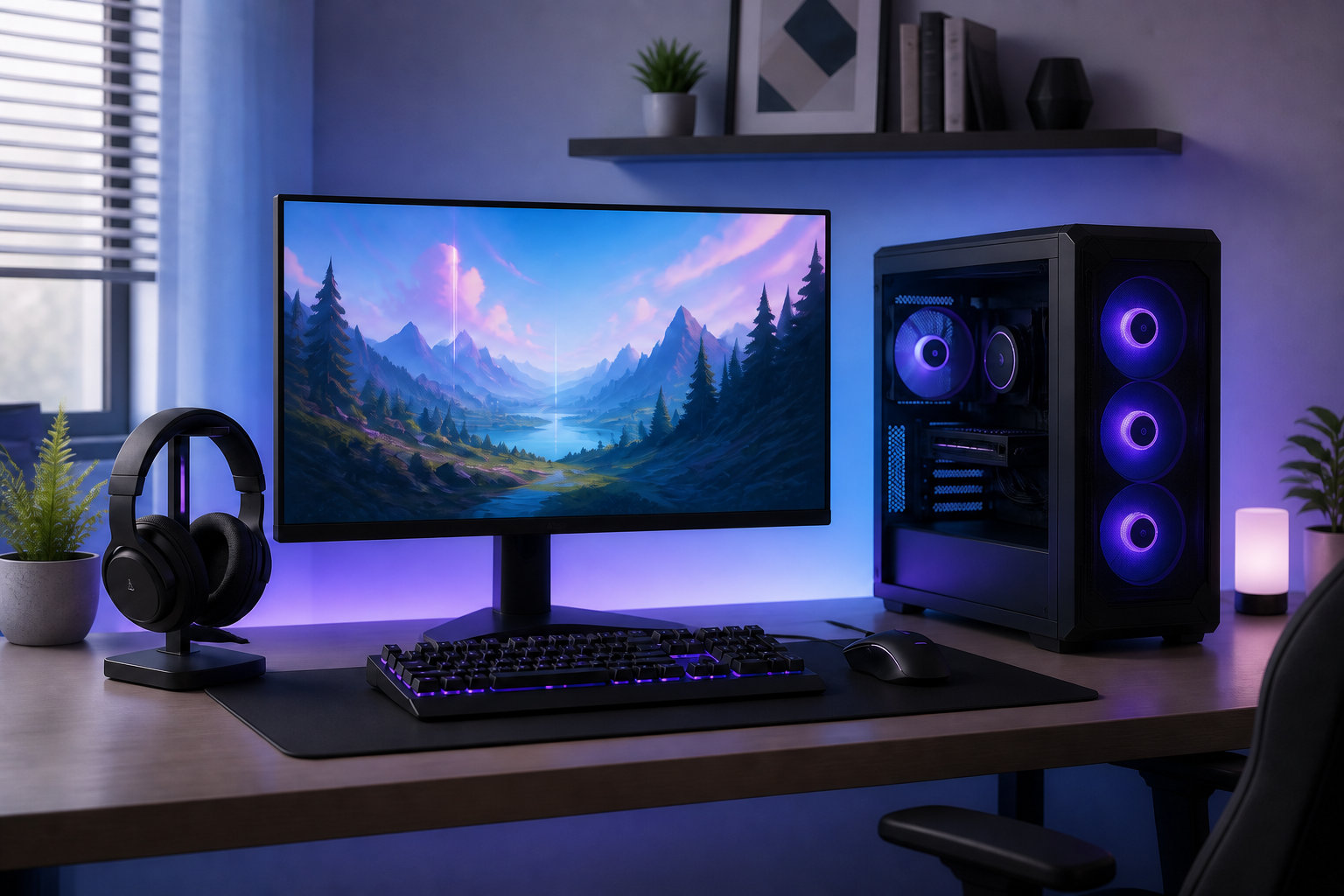 モニターやキーボードなどがそろったゲーミングPC一式のデスク環境