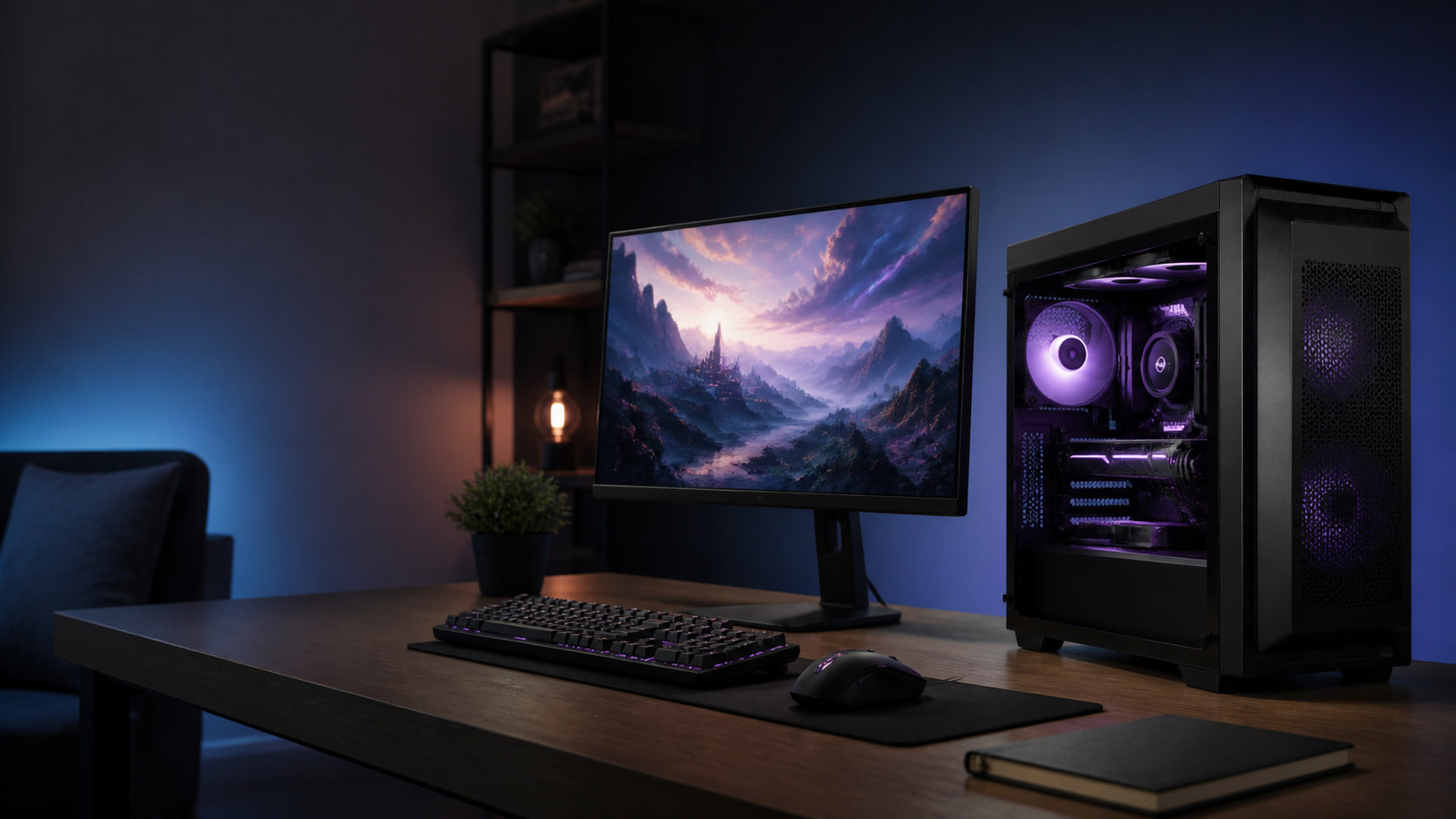 モニターとデスクトップPCを置いた落ち着いたゲーミング環境