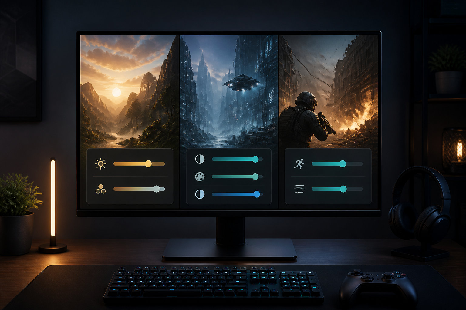 GigaCrystaの明るさ・色・応答速度をゲーム別に調整するイメージ