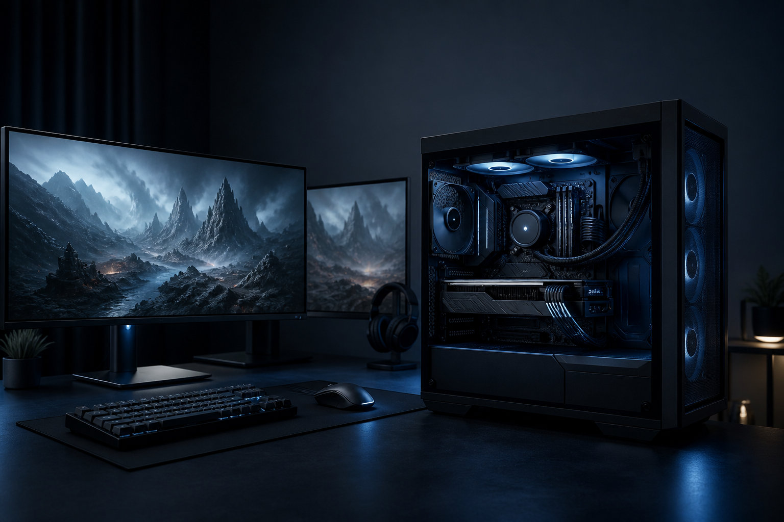 高性能なデスクトップ型ゲーミングPCとモニターを置いたゲーム環境