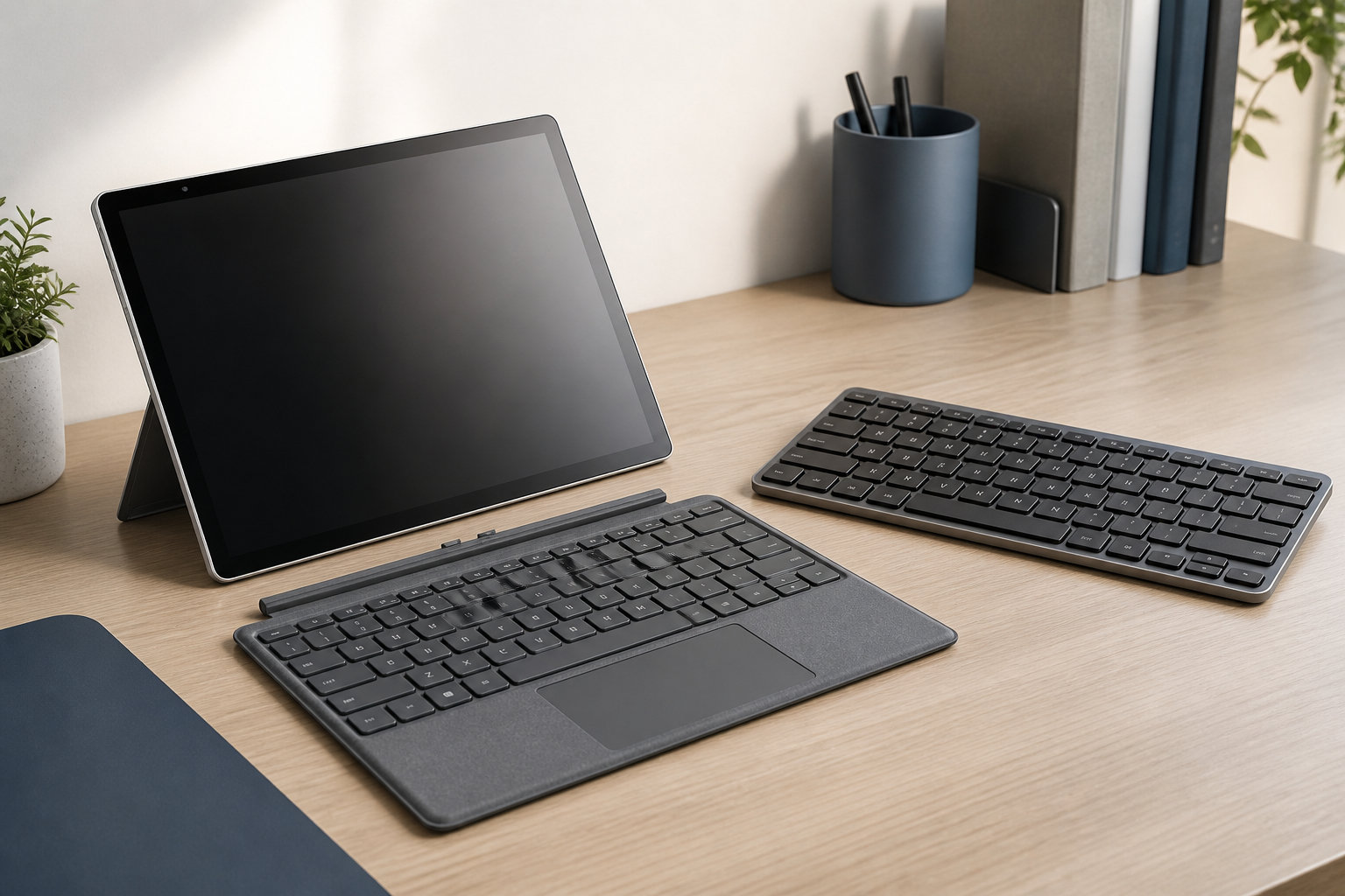 2-in-1タブレットと装着型・分離型キーボードを並べたキーボード選びのイメージ