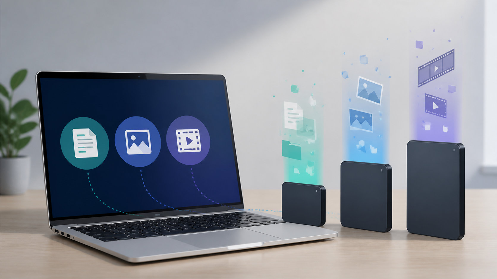 容量の異なるSSDをイメージした3つのストレージブロックと薄型ノートPC