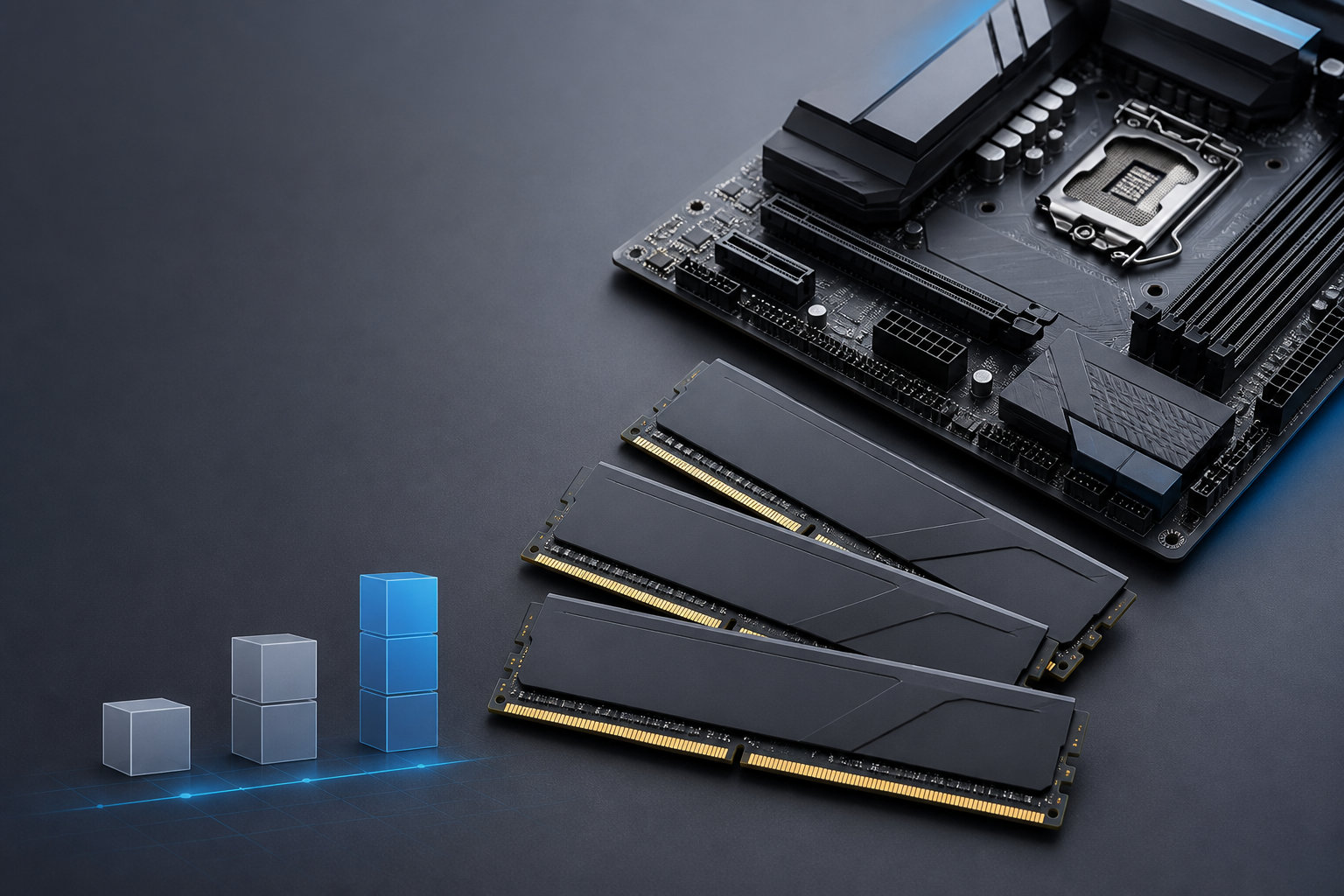 デスクトップ用メモリとマザーボードを表したメモリ16GB解説用のイラスト