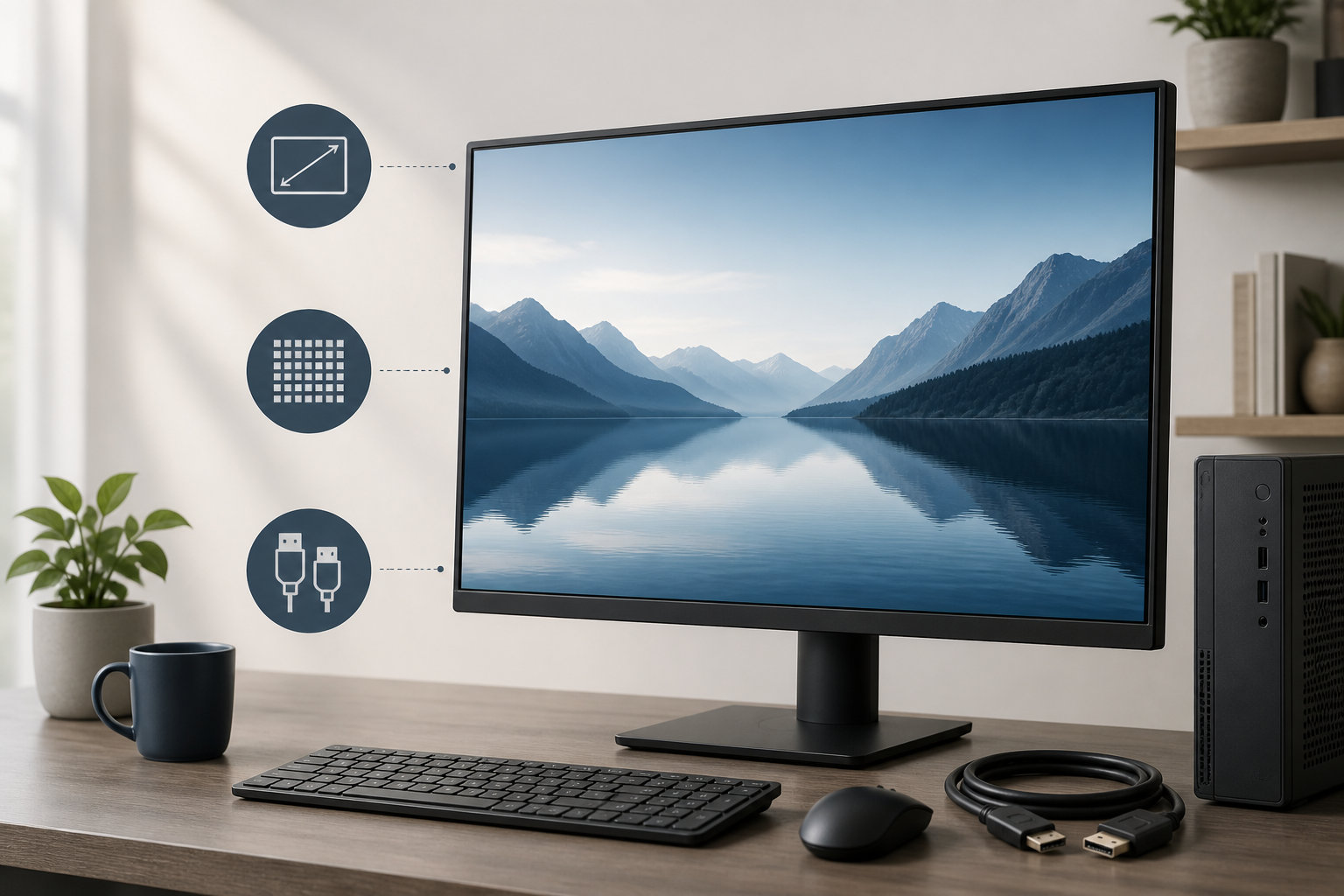 デスクトップPCとモニターを置いた作業机とサイズ・解像度・接続端子を示す抽象アイコン