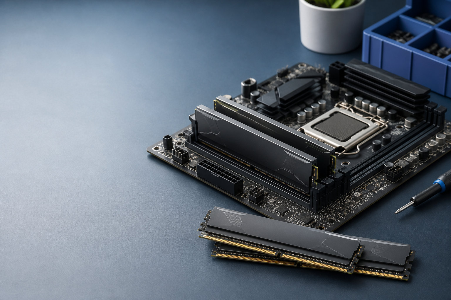マザーボード上のデスクトップ用メモリと交換用モジュールを表したPCメモリ解説用イラスト