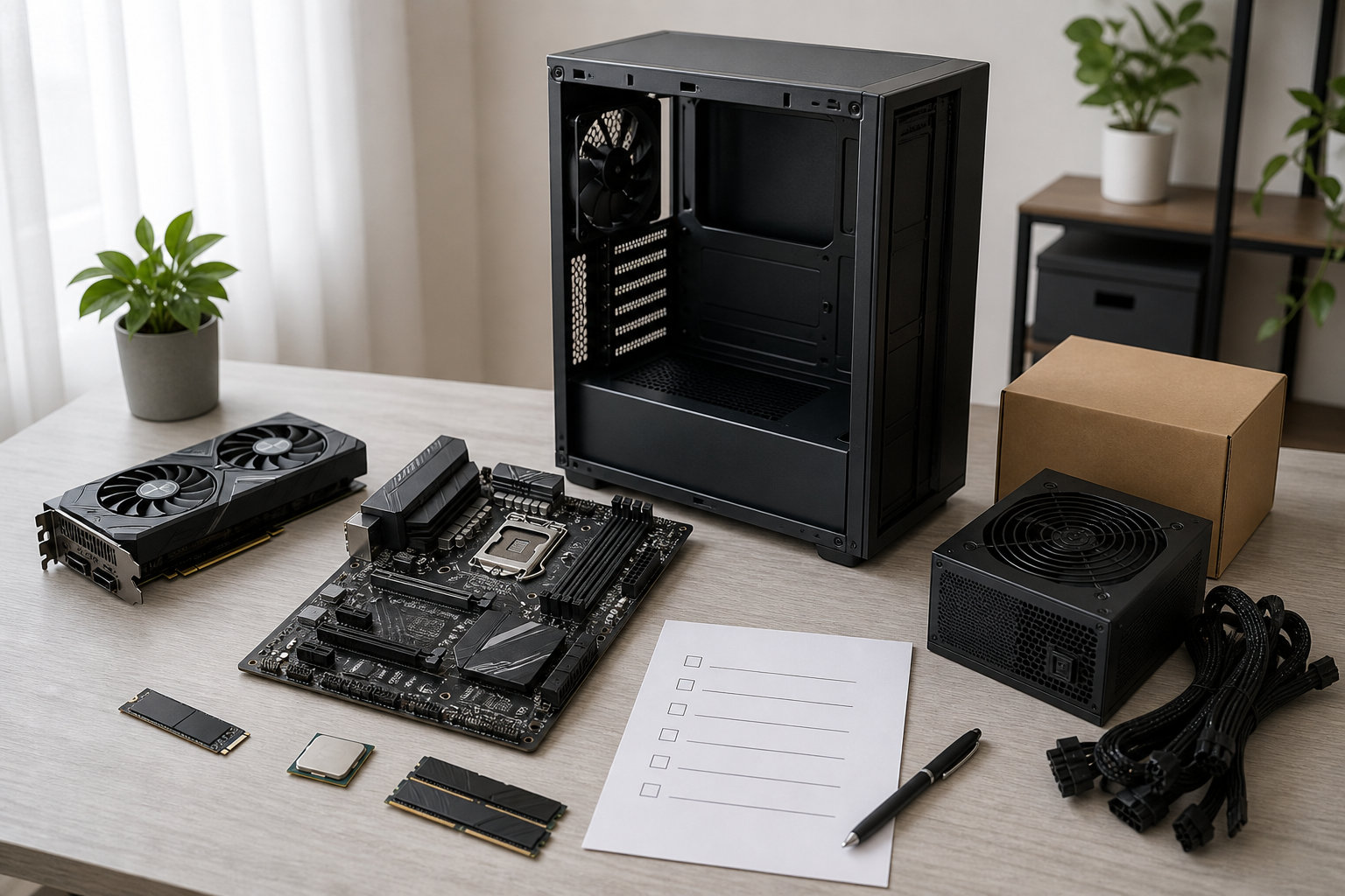 PCケースと主要パーツを並べて自作PCの構成を確認する作業台