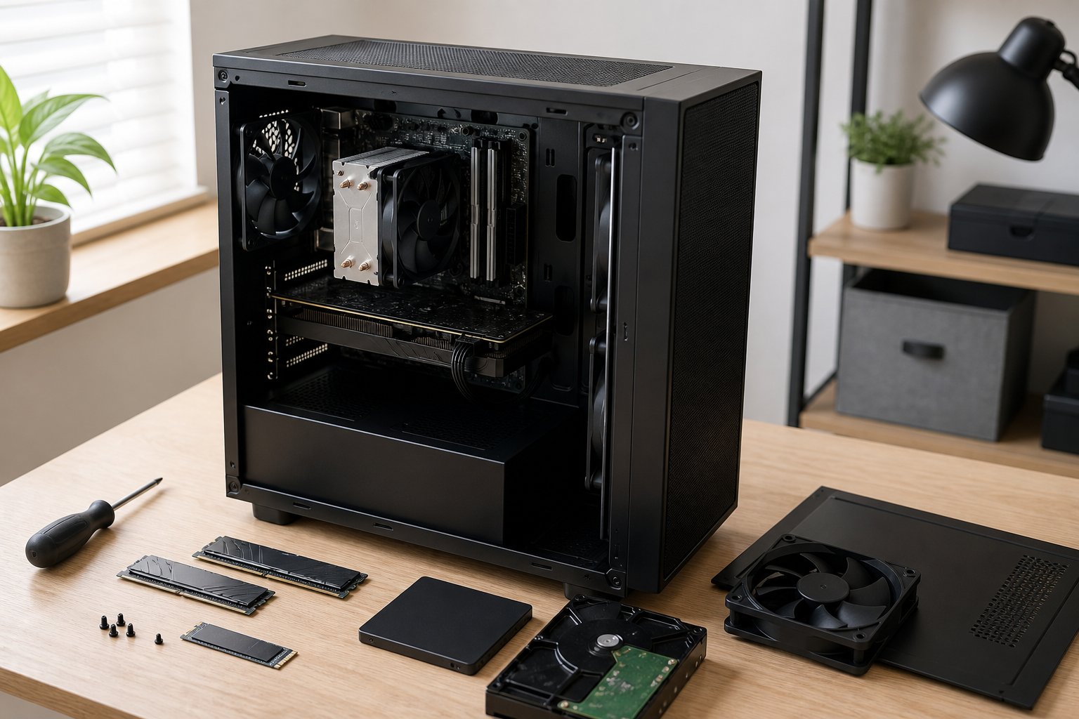 パーツを組み立て中の自作PCと周辺部品を並べた作業机