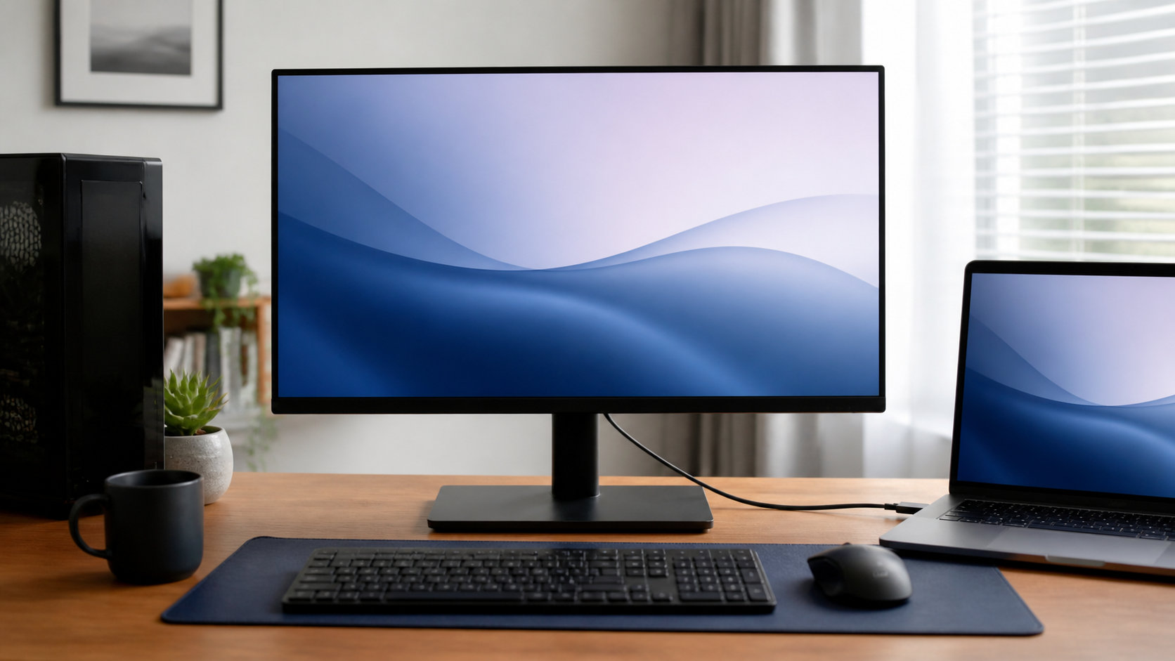 PCディスプレイとノートPCを置いたデスク環境でサイズや接続方法を選ぶイメージ