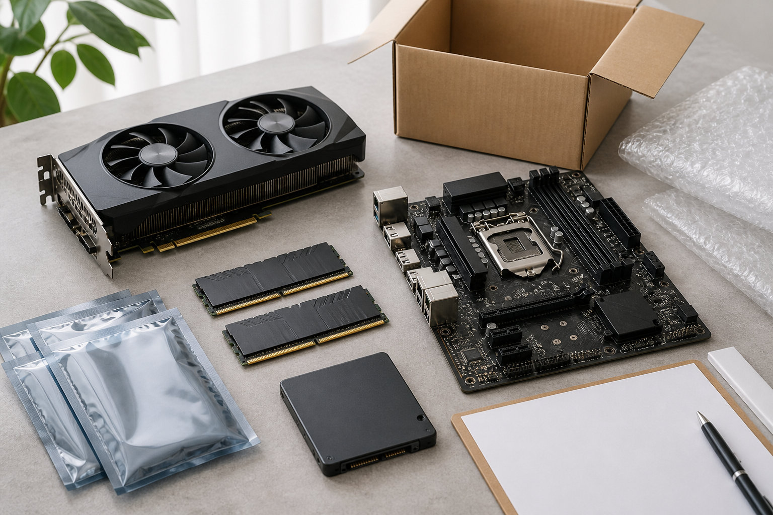 グラフィックボードやメモリなどのパソコン部品を帯電防止袋と箱のそばに整理した買取準備のイメージ