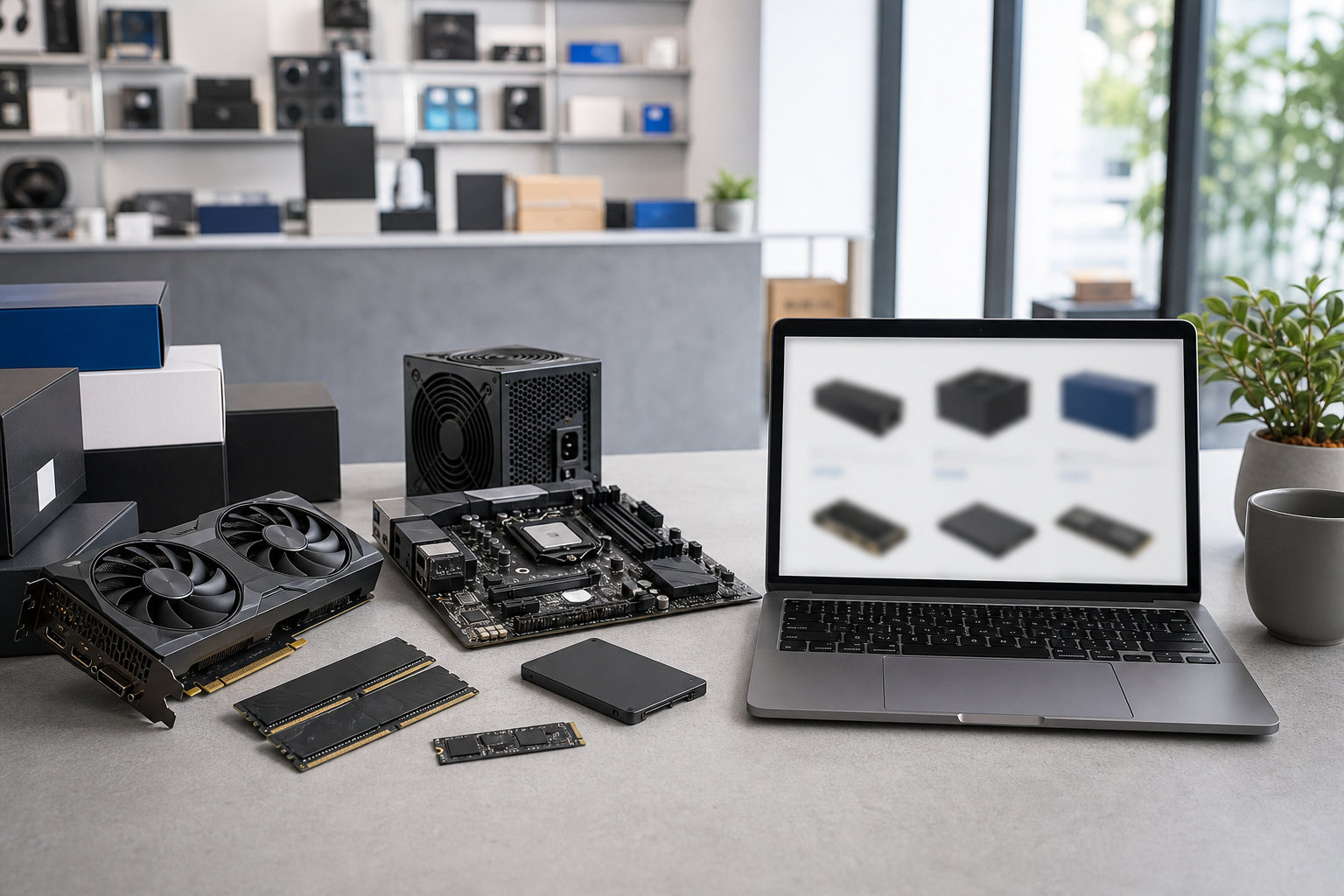 実店舗と通販でPCパーツを比較するために並べたグラフィックボードやマザーボード、メモリ、SSDとノートパソコン