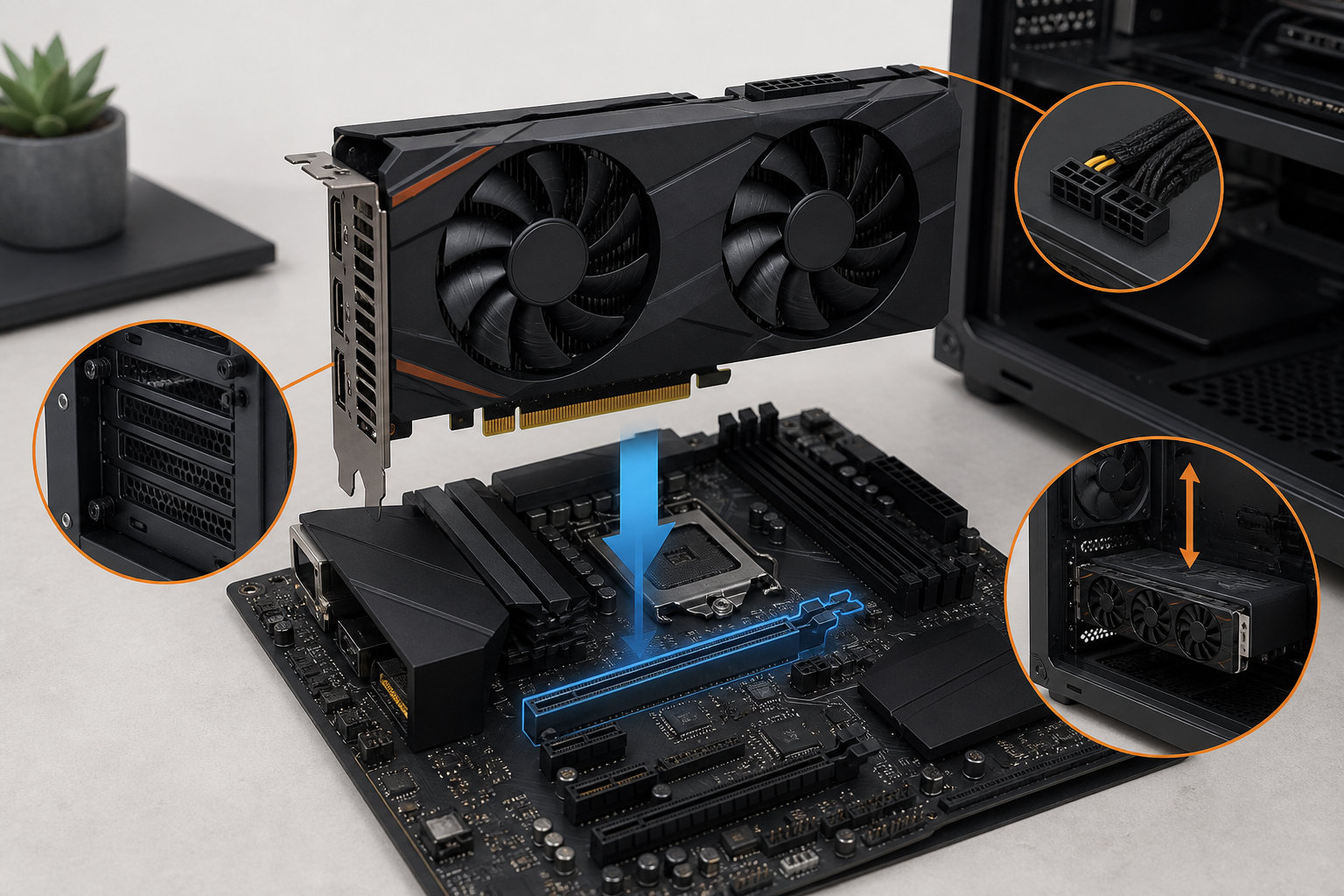 マザーボードのPCIe x16スロットと汎用グラフィックボードの取り付け位置を確認するイラスト