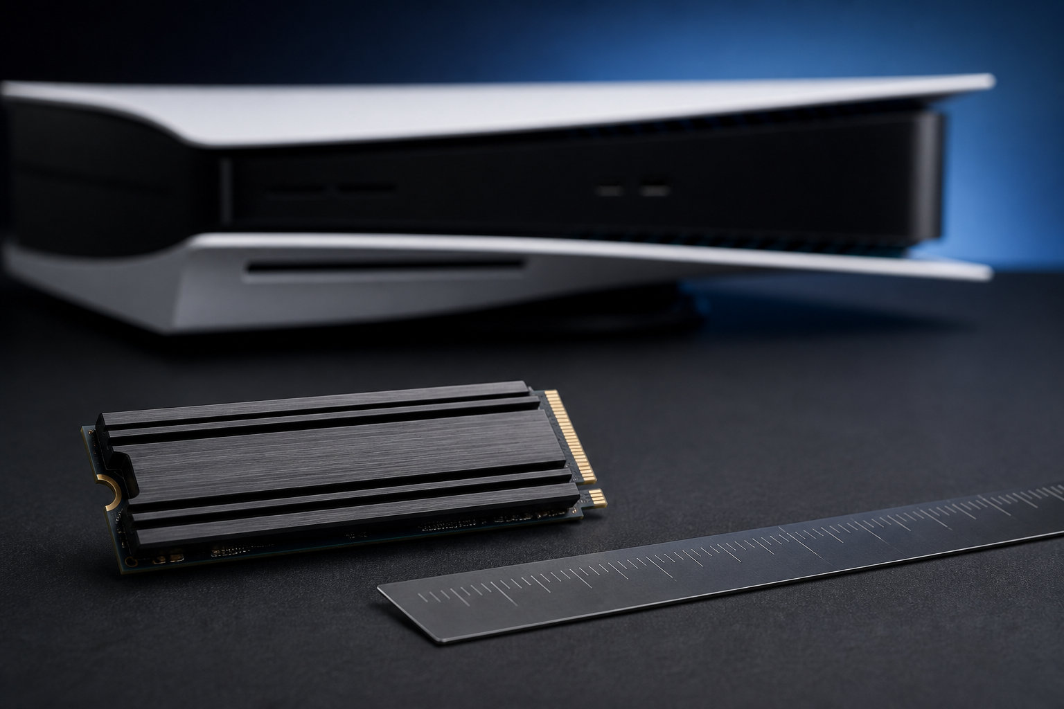 汎用ゲーム機のそばに置かれた薄型ヒートシンク付きM.2 SSDと寸法確認用の定規