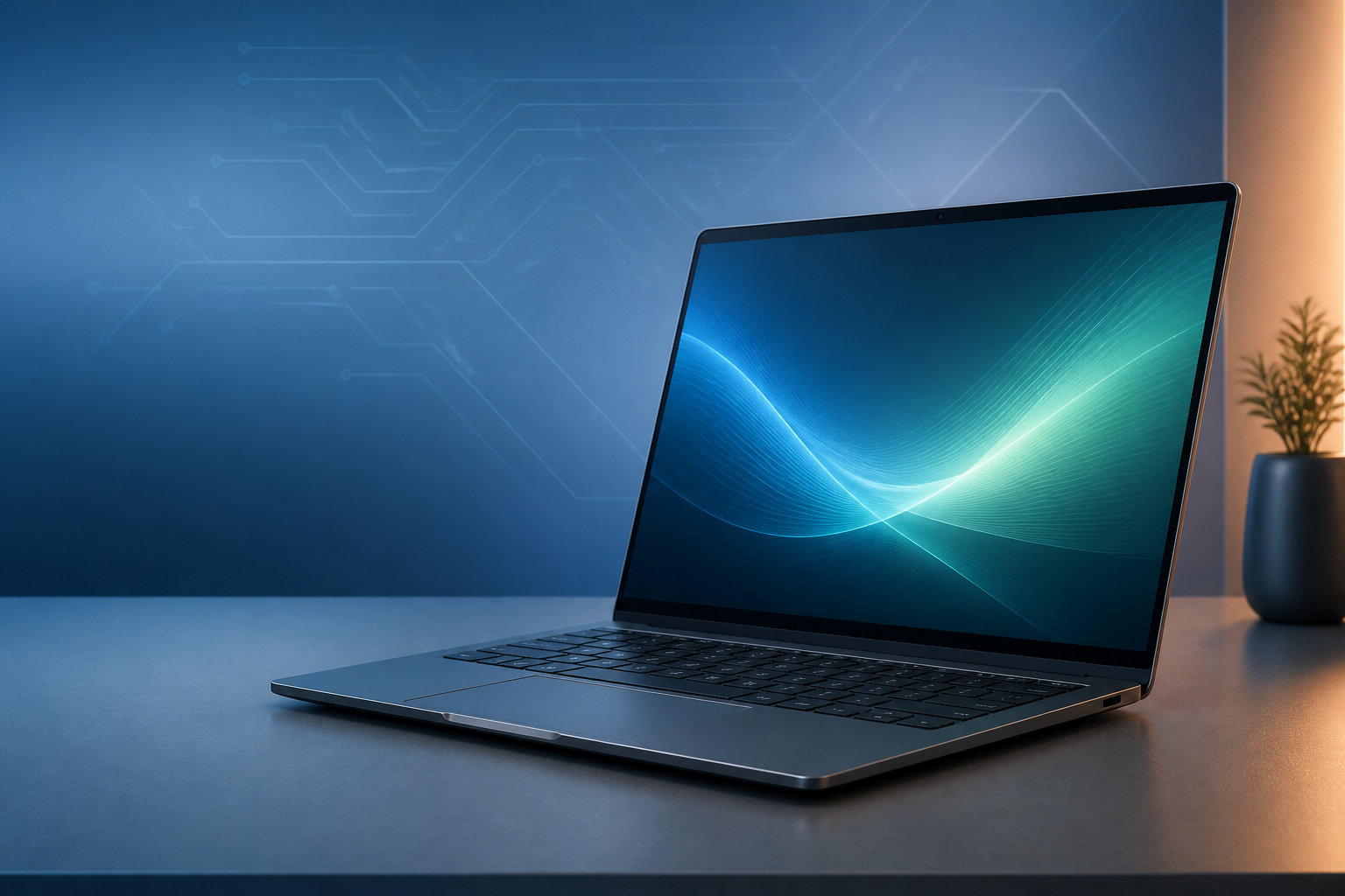 回路の光を背景にした薄型ノートPCのイメージ