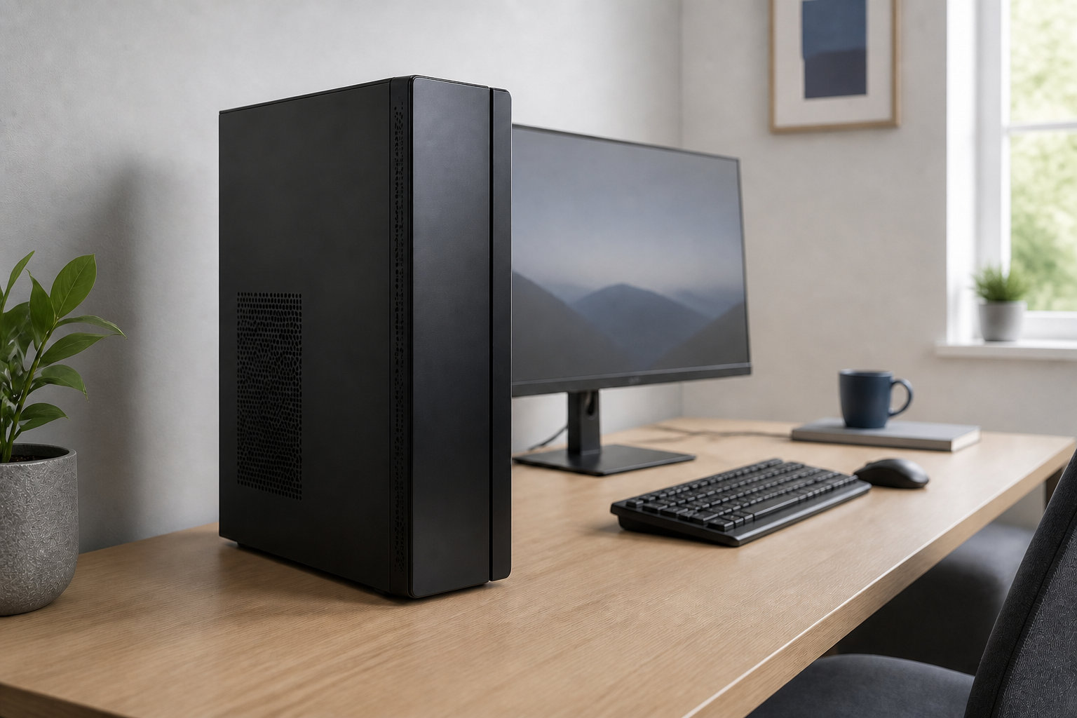 省スペースの作業環境に設置したスリムタワーPC