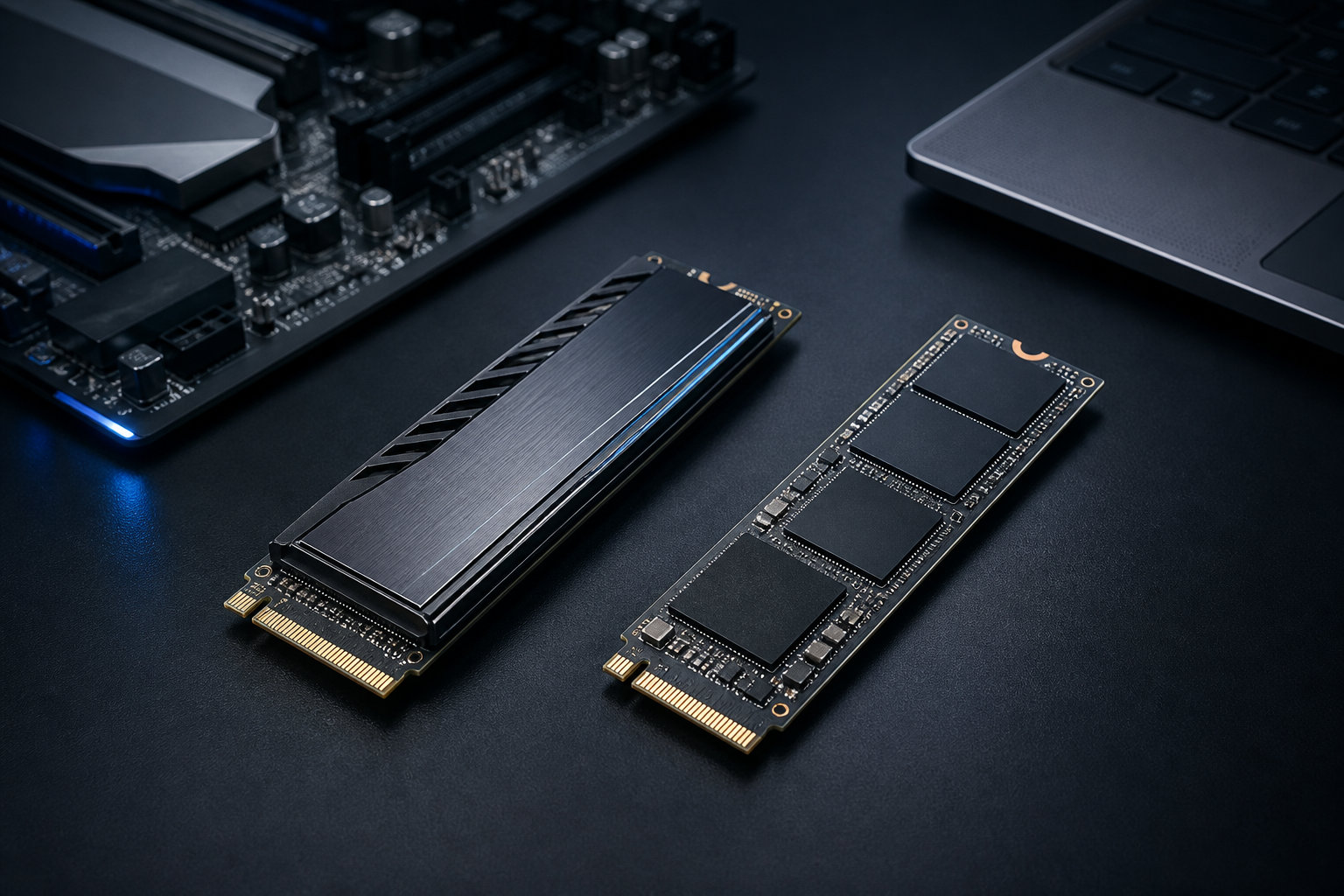 2枚の汎用M.2 NVMe SSDをPCとノートPCのそばで比較したイラスト
