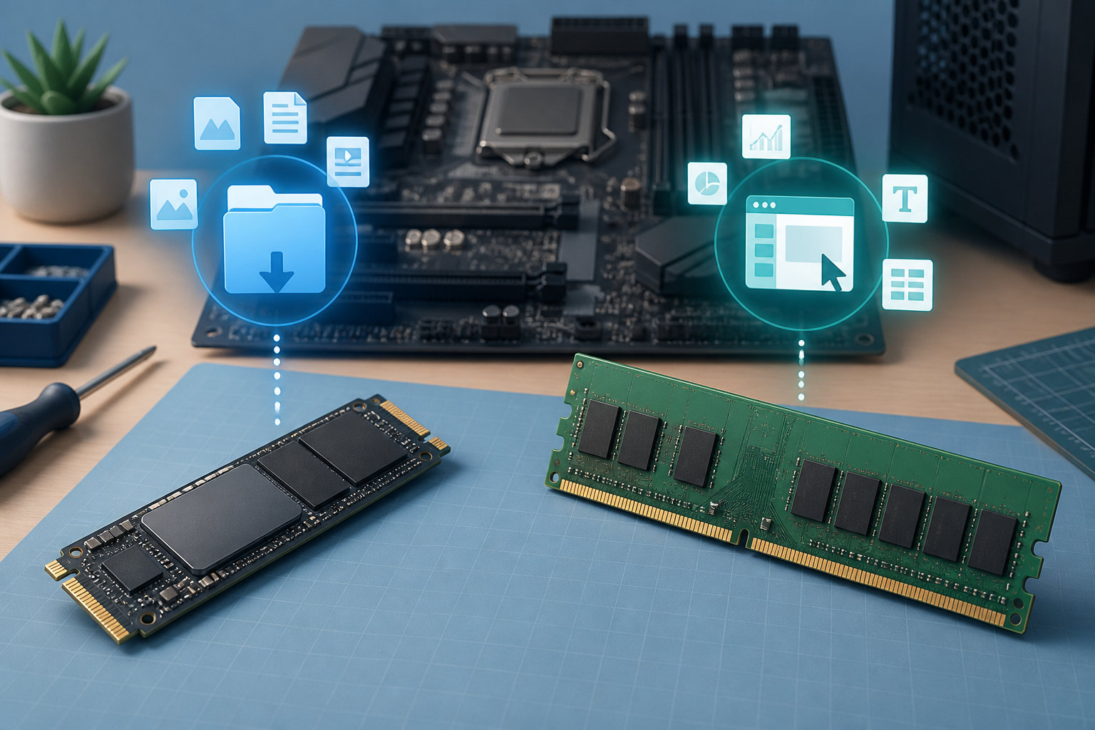 M.2 SSDとデスクトップ用メモリをマザーボードと並べたSSDとメモリの違い解説用イラスト