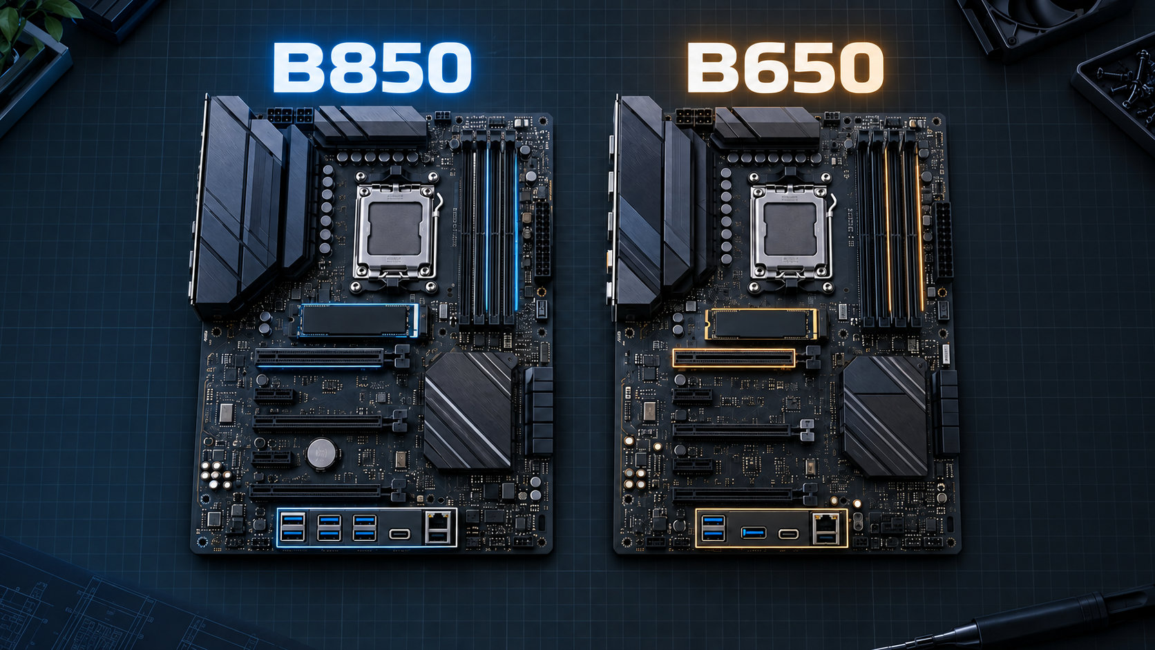 B850とB650のマザーボード構成を比較するイラスト