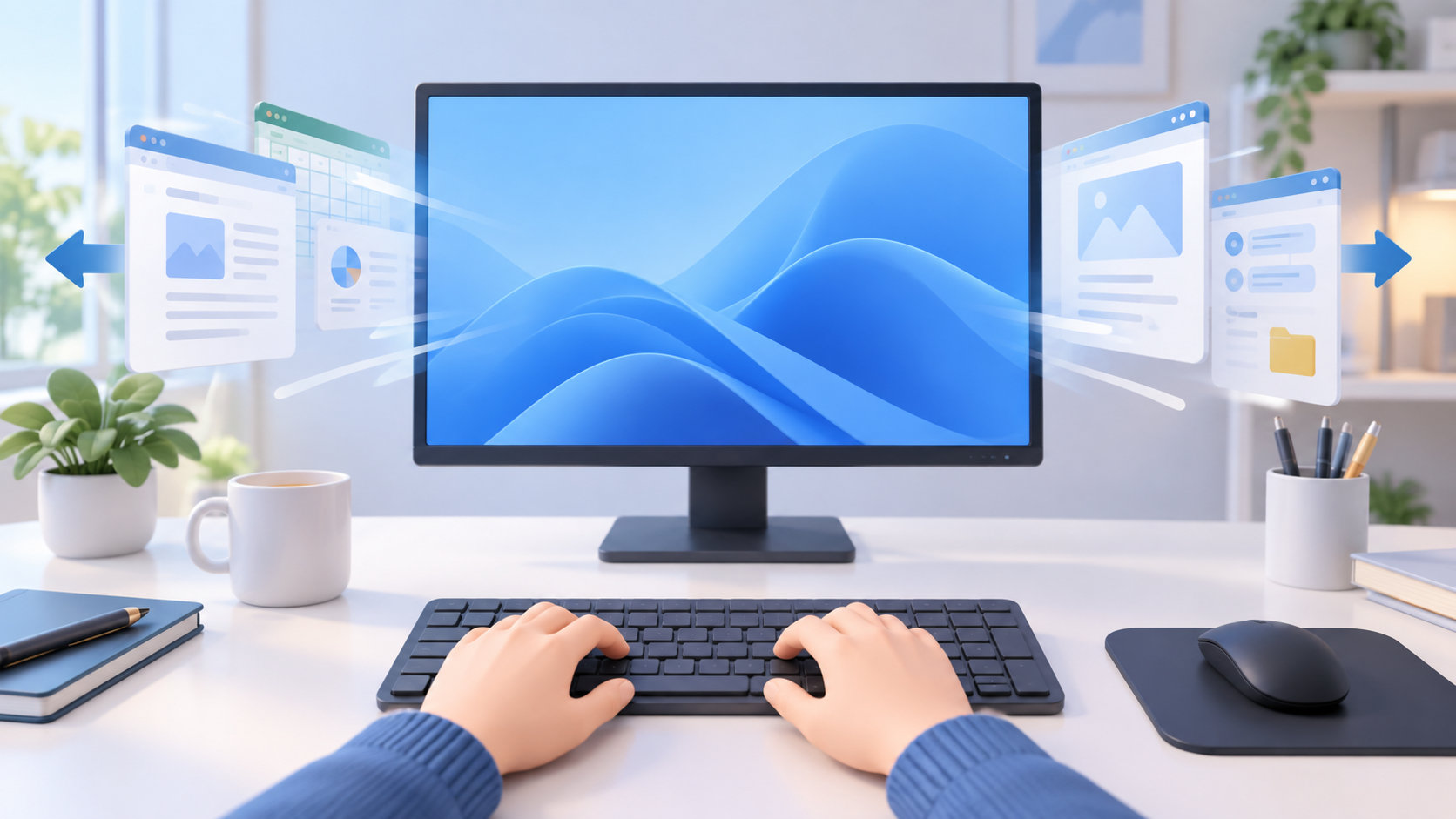 開いているウィンドウを左右に退避させてデスクトップを表示したモニターとキーボード