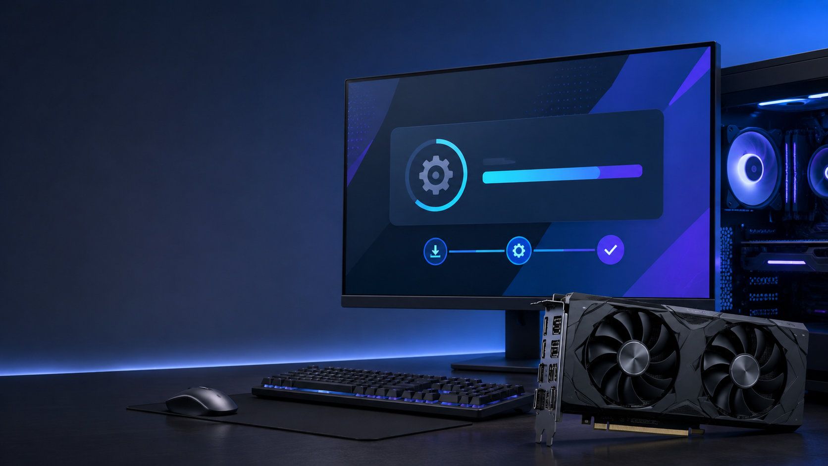 GeForceグラボのドライバ更新を表す一般的なPCと進行状況画面のイメージ