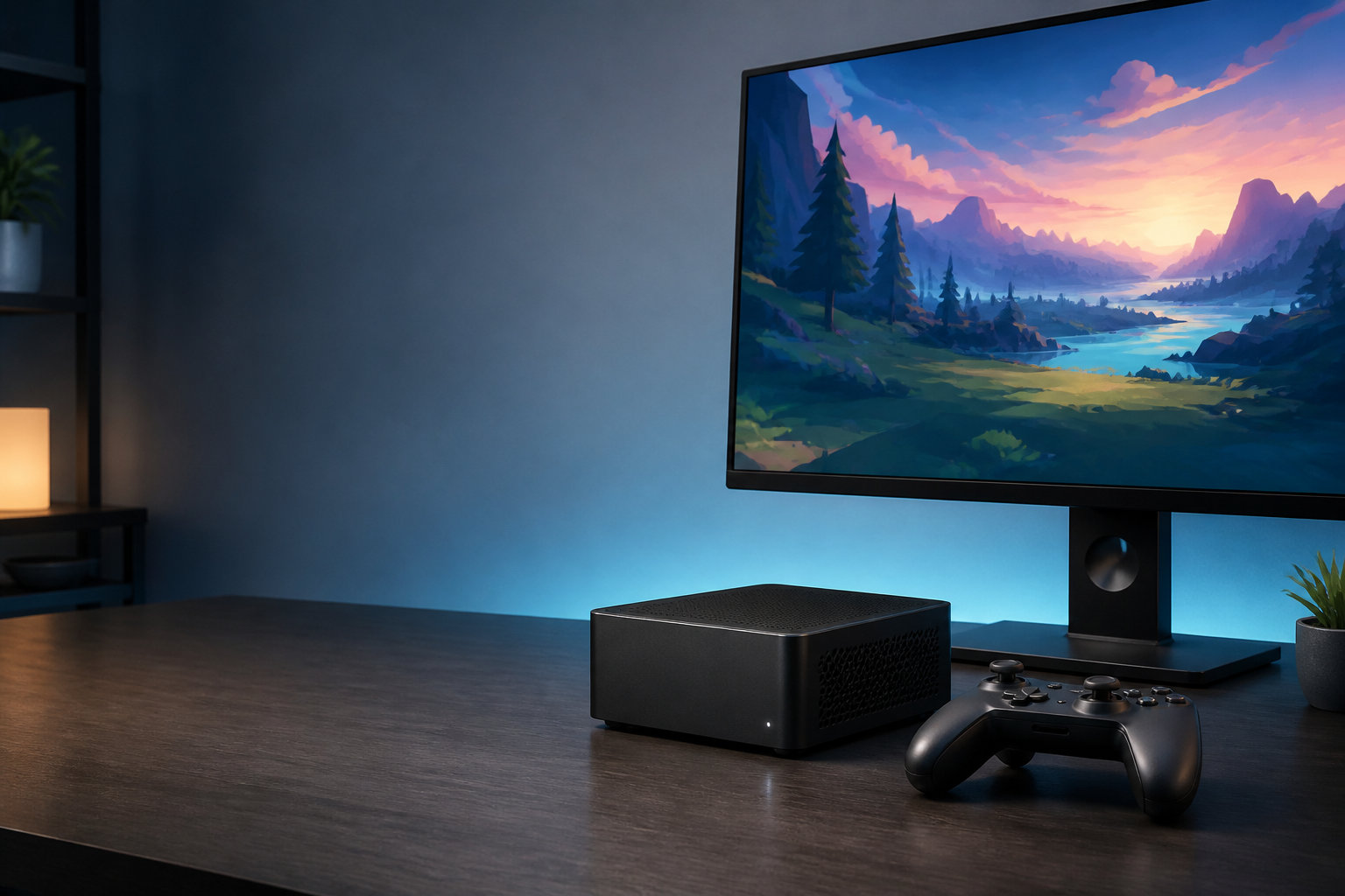 ゲーム環境に置いたコンパクトなミニPCとコントローラー