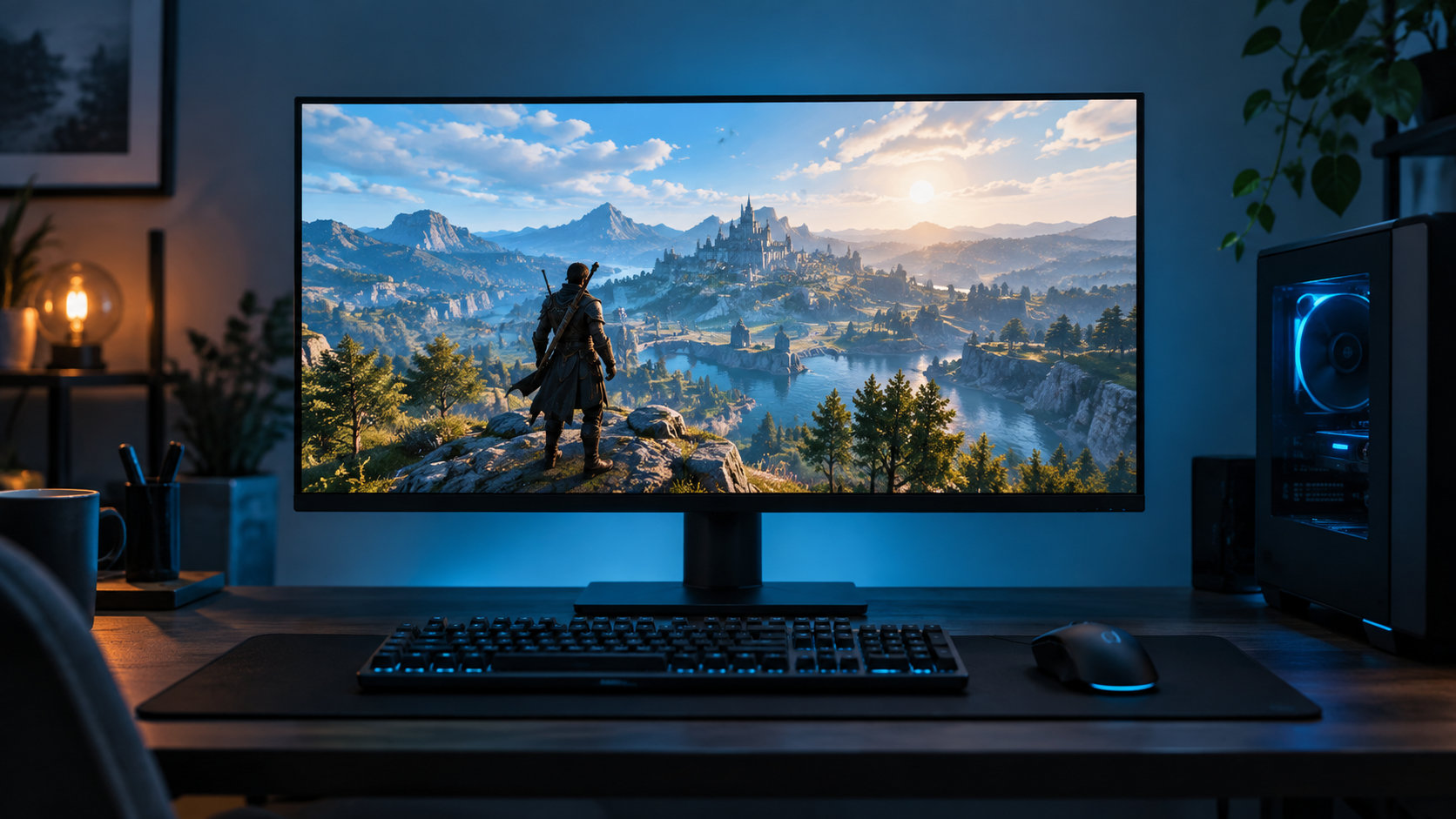 ゲーム用モニターとデスクトップPCを使う環境を示すイメージ