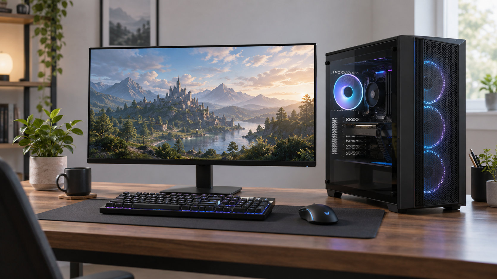 ゲーミングPCとモニターを置いた初心者向けのデスク環境