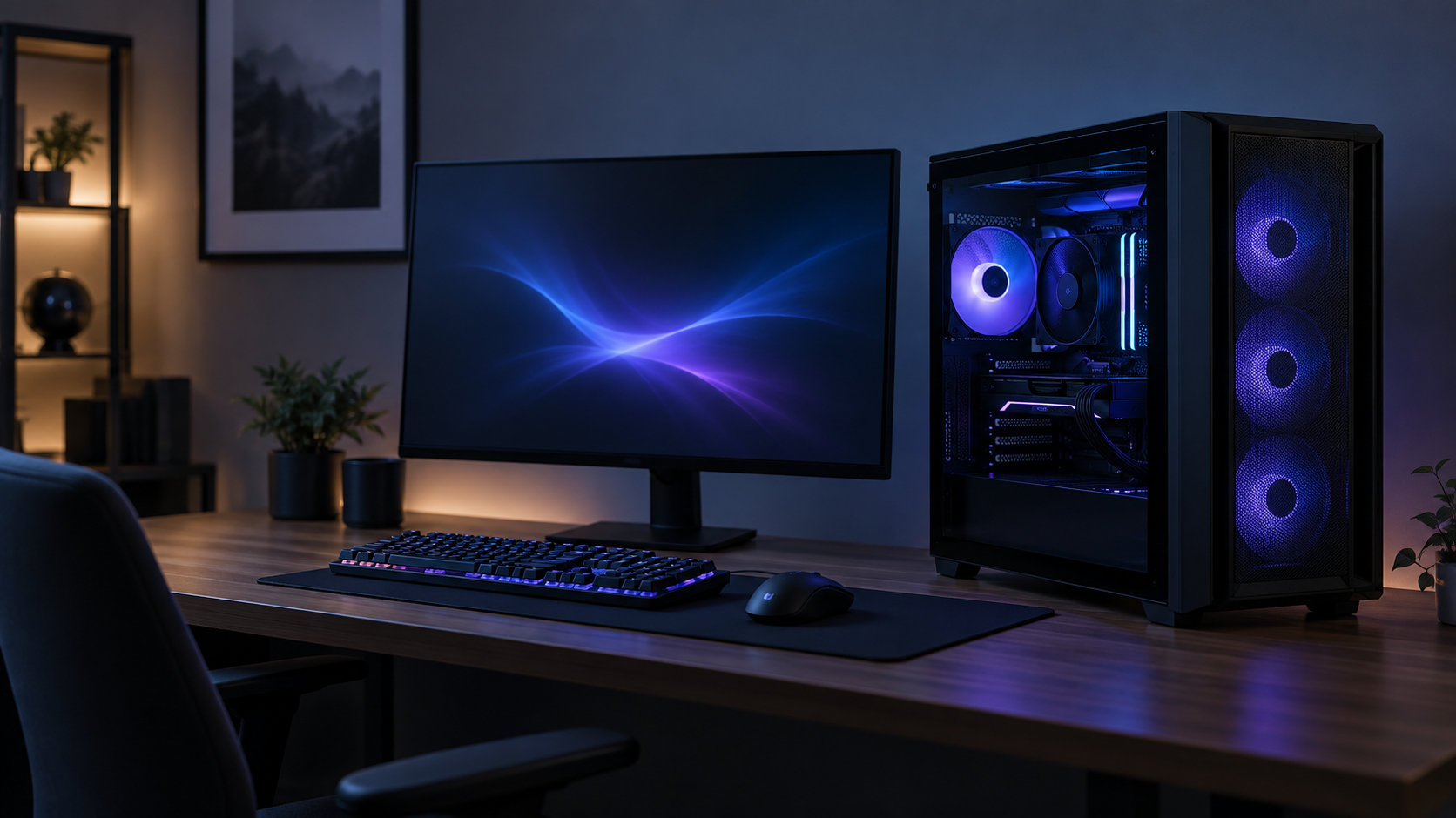 暗い部屋のデスクに置かれた一般的なゲーミングPCとモニター
