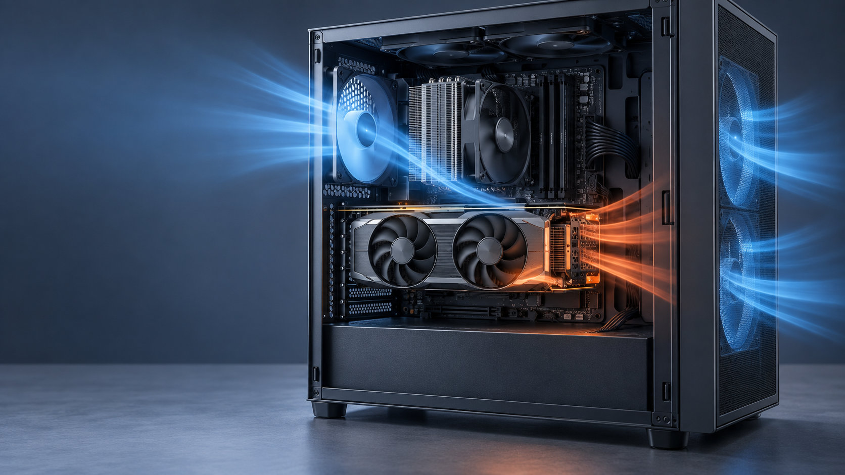 デスクトップPC内部のグラボと冷却ファンを示すイメージ