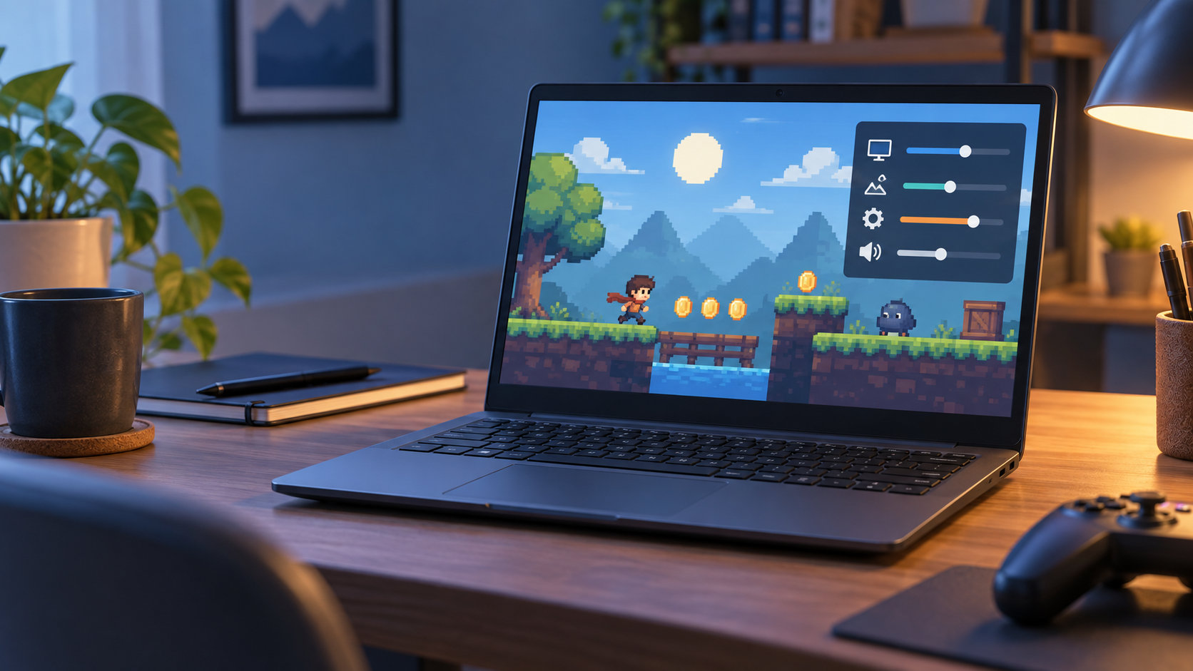 低消費電力ノートPCで軽量ゲームの画質設定を確認するイメージ