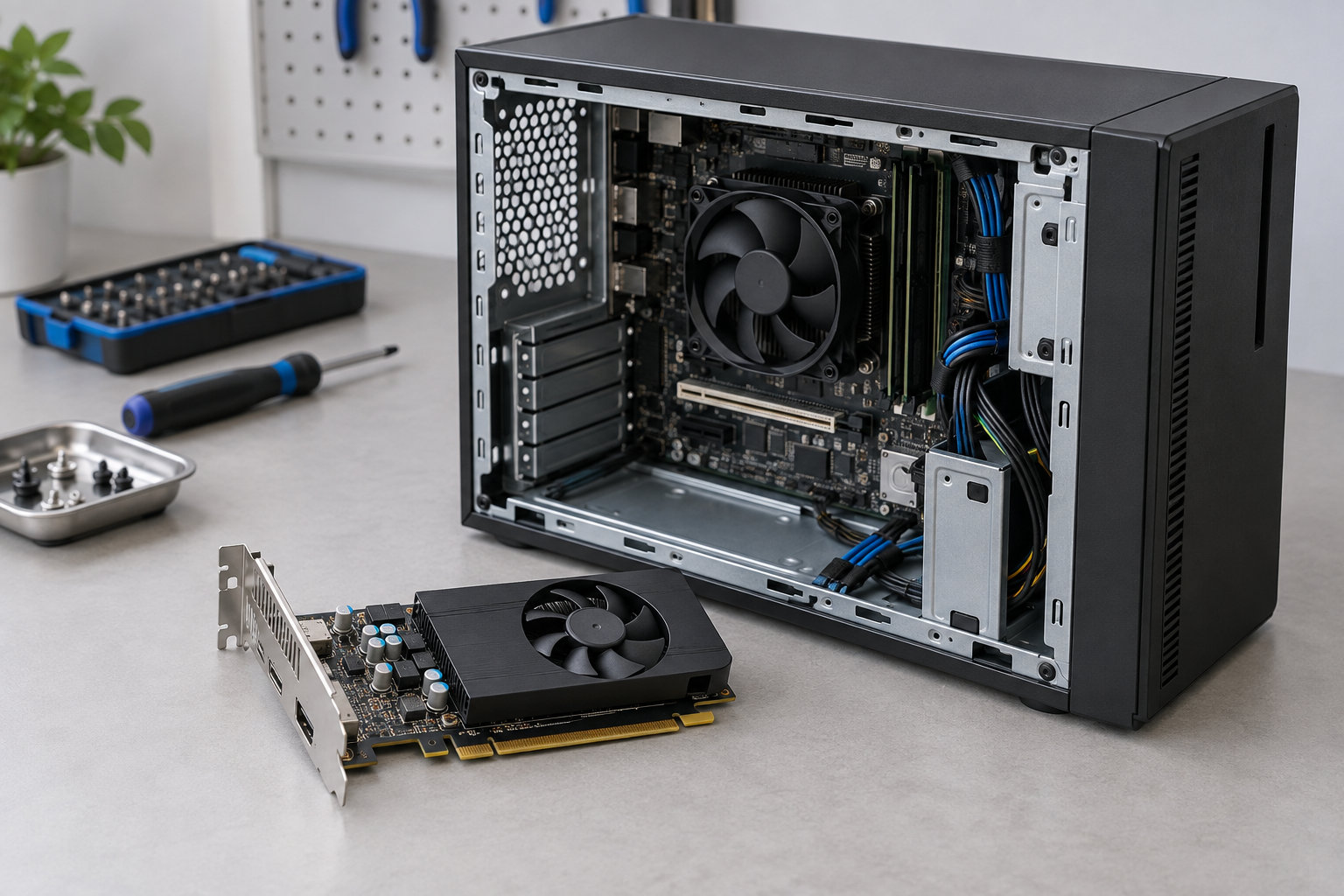 小型デスクトップPCへロープロファイルのグラフィックボードを増設するイメージ