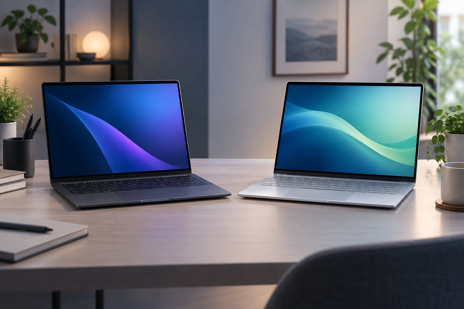暗色と銀色のノートパソコンを並べたMacとHP比較のイメージ