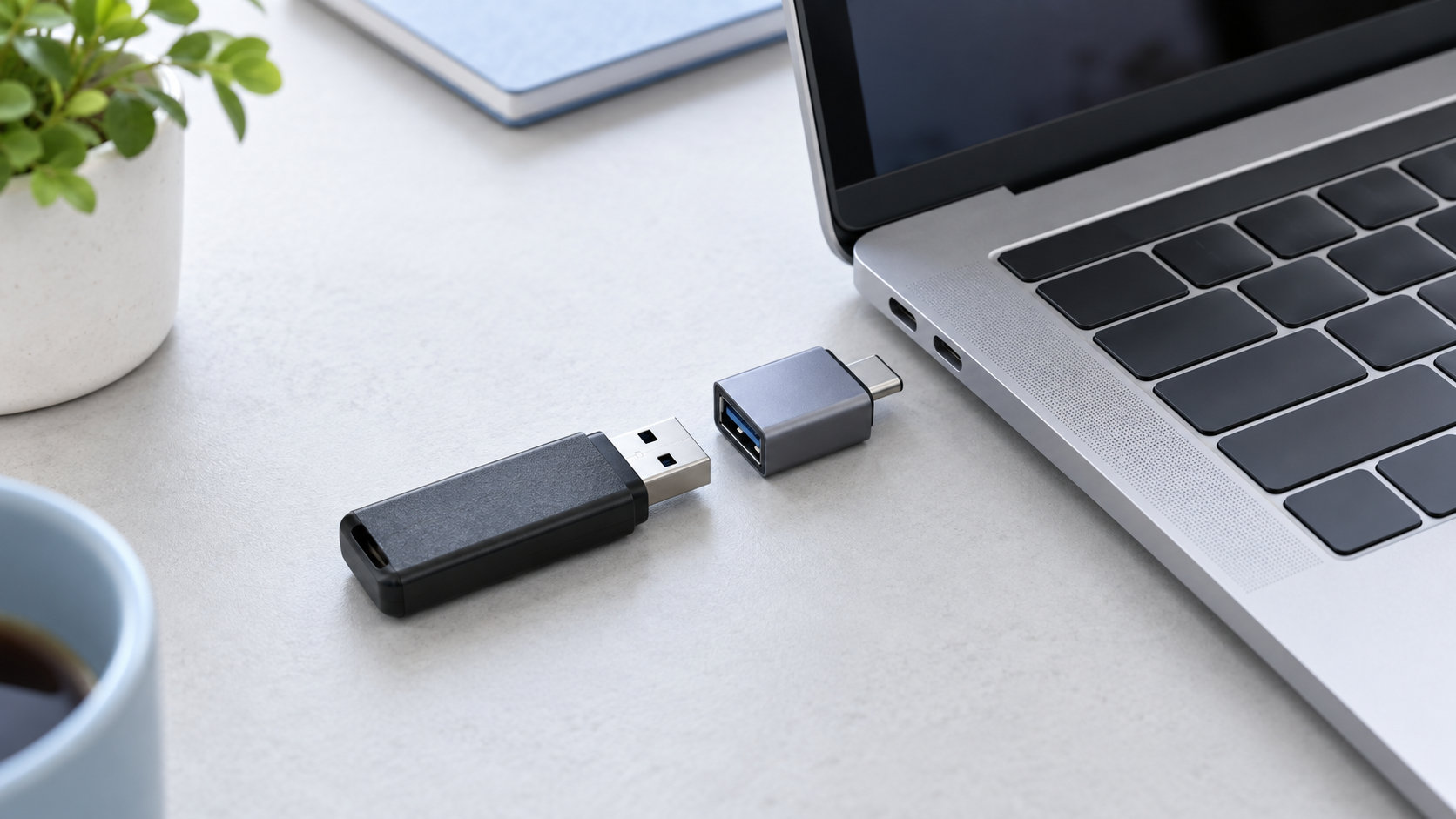 USBメモリとUSB-C変換アダプタをMacBookのUSB-Cポートにつなぐ場面