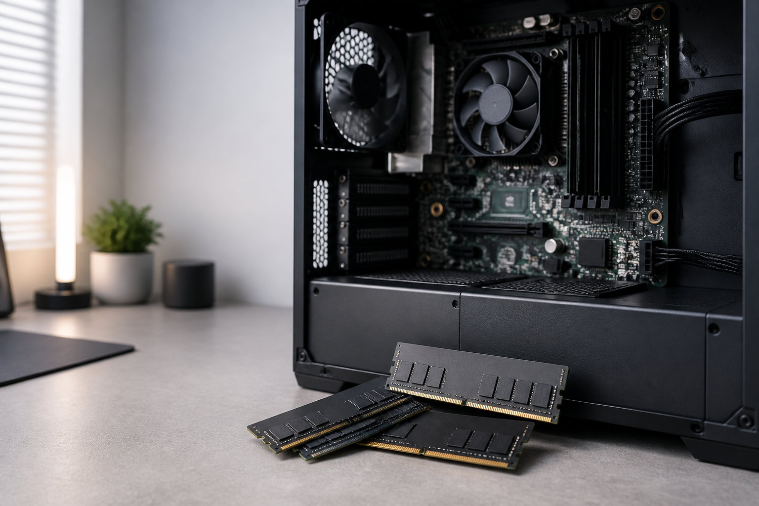 デスクトップPCのマザーボードと交換用メモリモジュール
