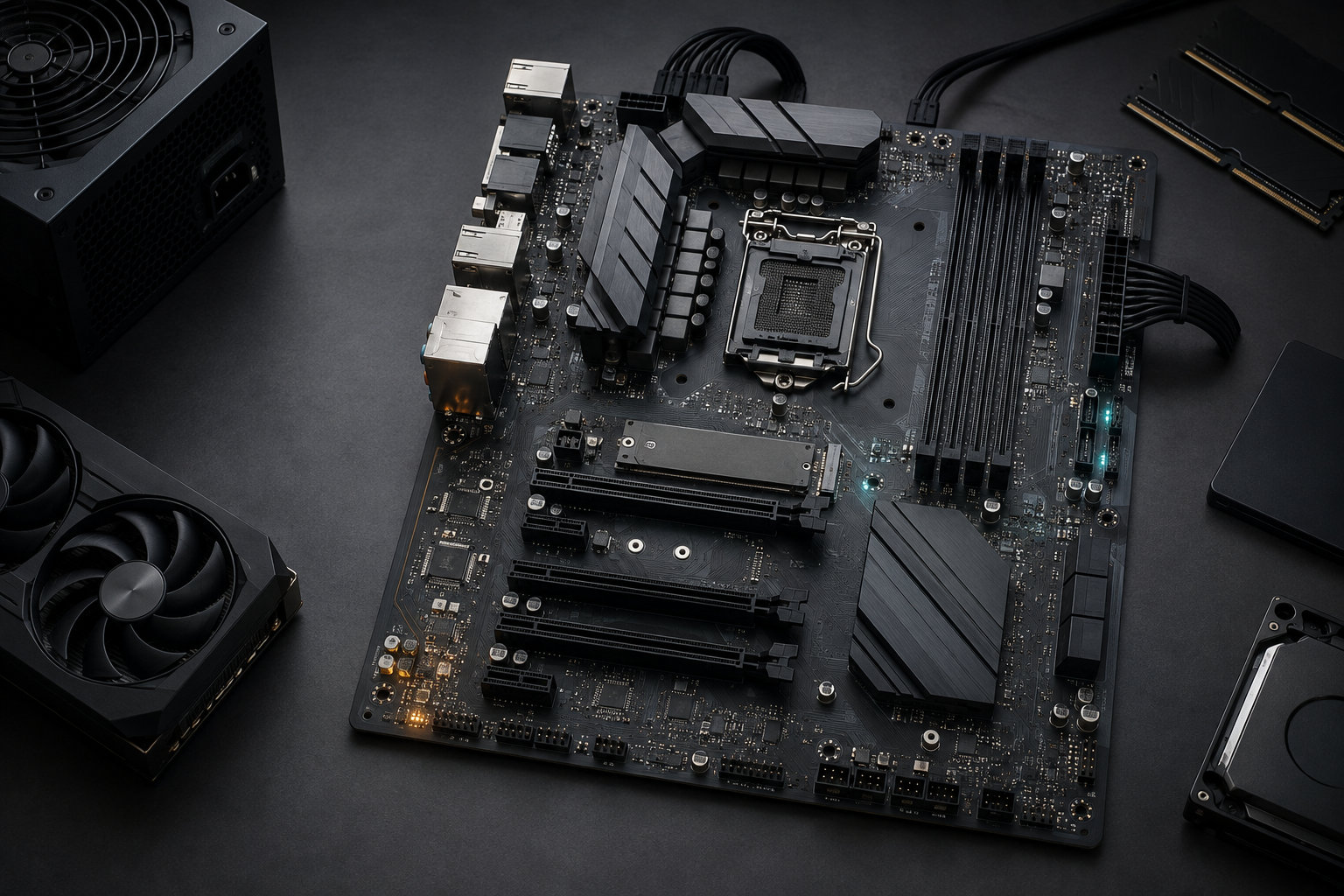 CPUソケットやメモリスロットを備えたデスクトップ用マザーボードとPCパーツ
