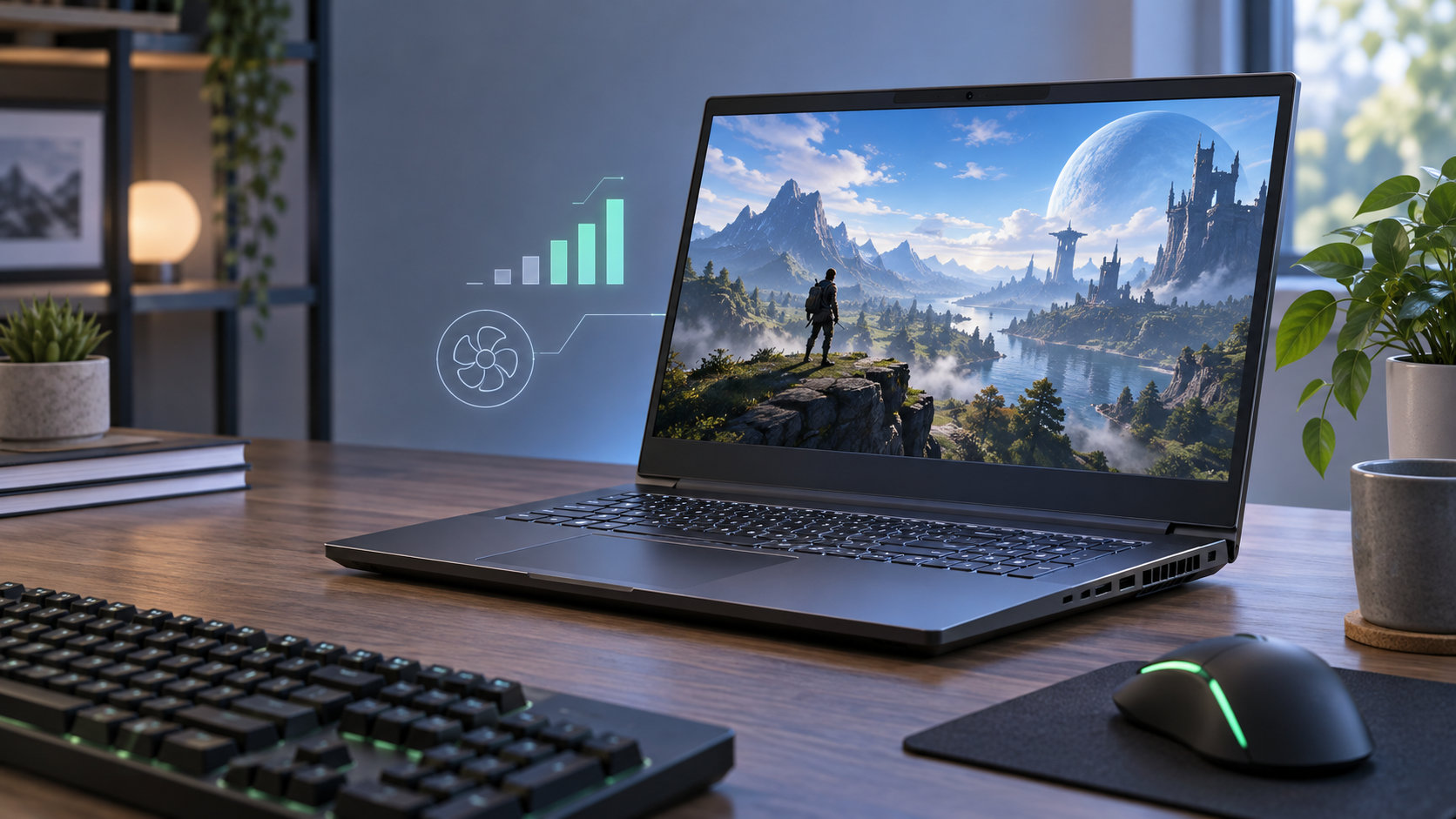 ノートPCでゲームを遊ぶためのスペック確認を表すデスク環境