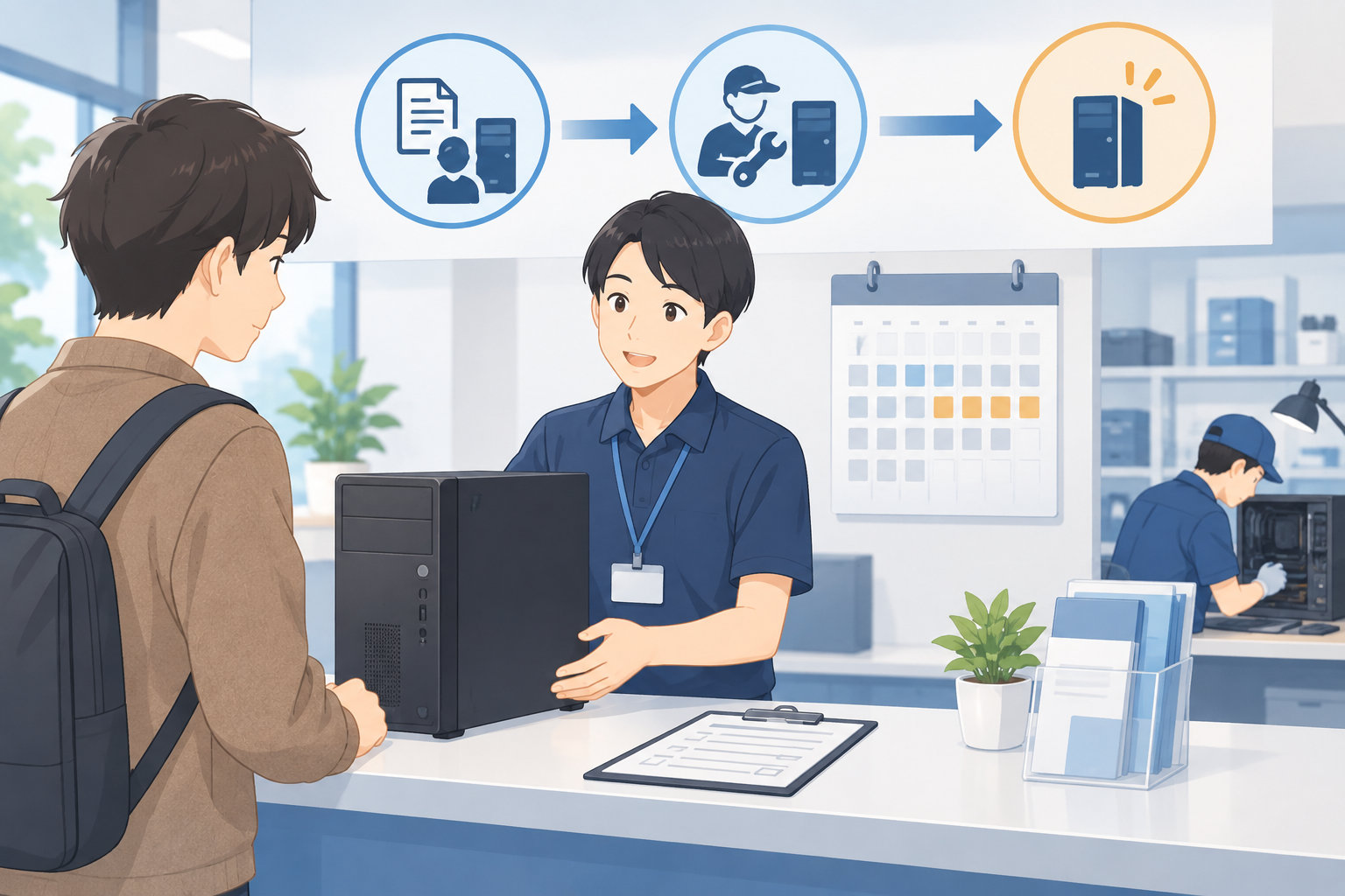 パソコンを修理窓口に預けて診断から返却まで進む流れのイラスト