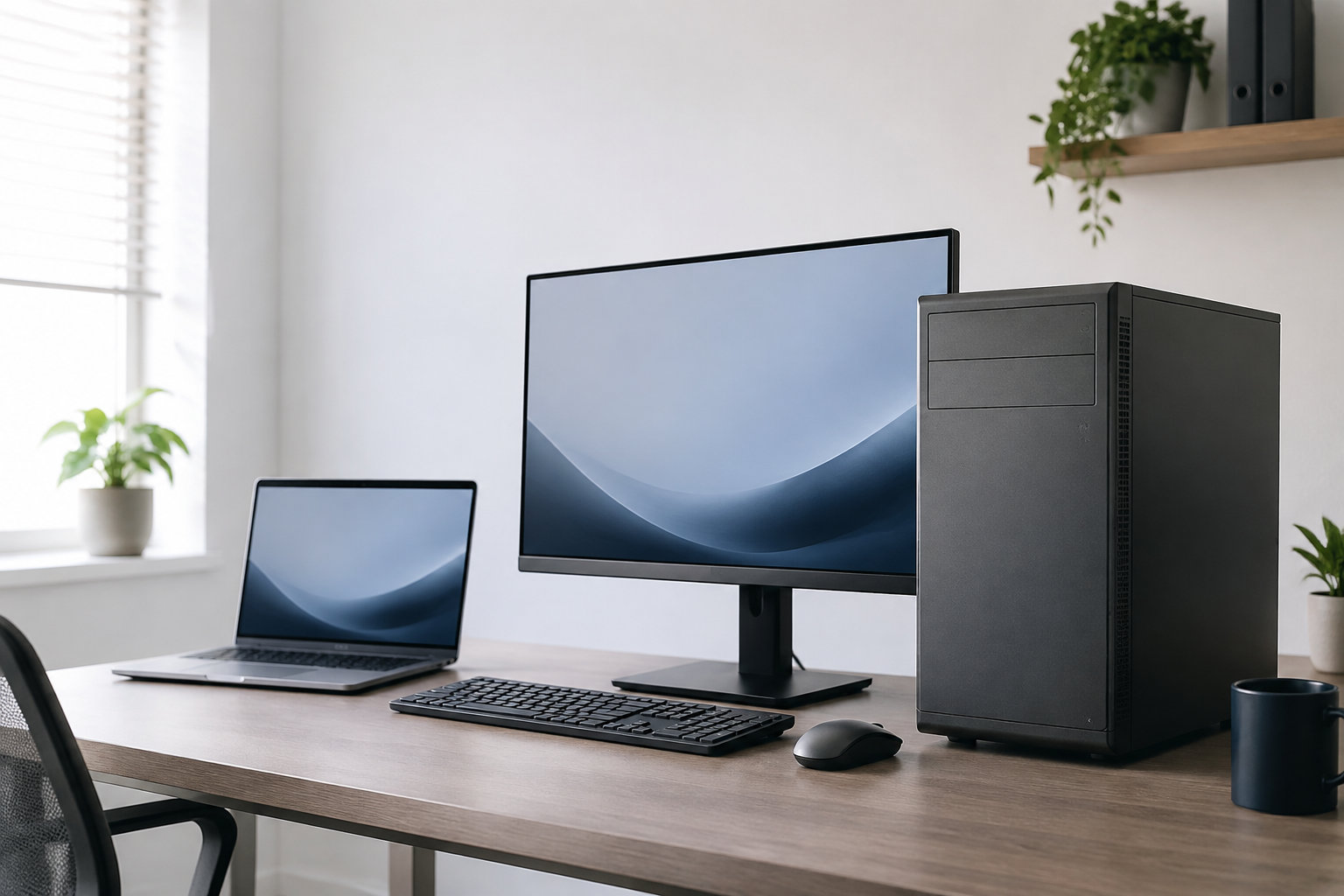 ノートPCとデスクトップPCを並べた明るい作業環境