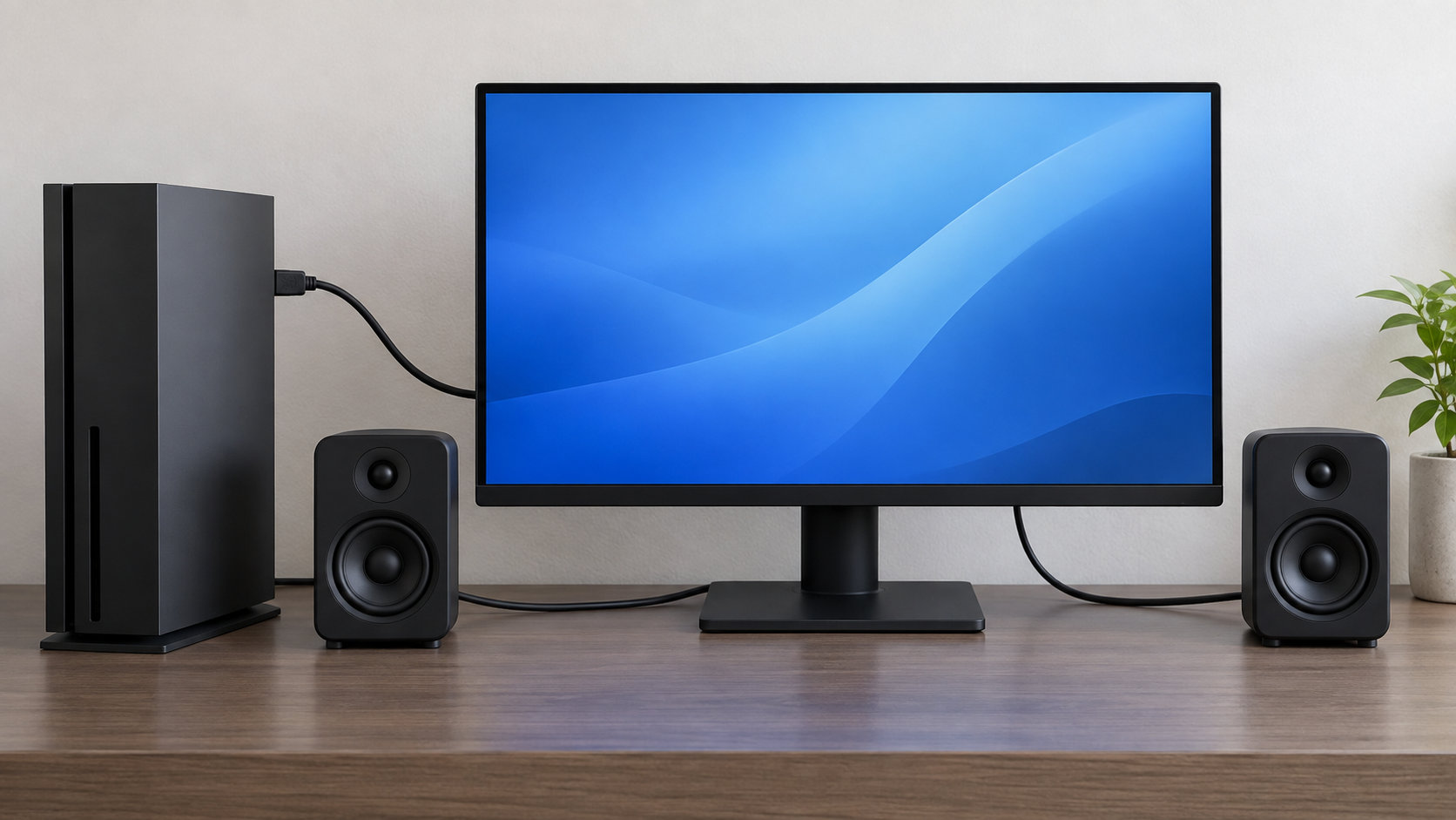 ゲーム機とモニター、外部スピーカーをHDMIと音声ケーブルで接続したデスク環境