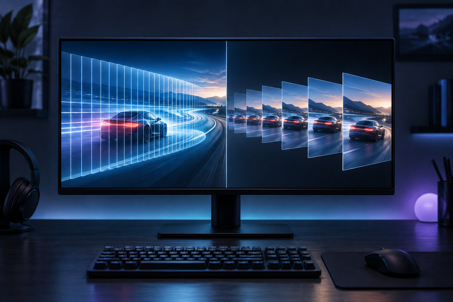 120Hzの表示更新と120fpsのフレーム生成を表すモニターのイメージ