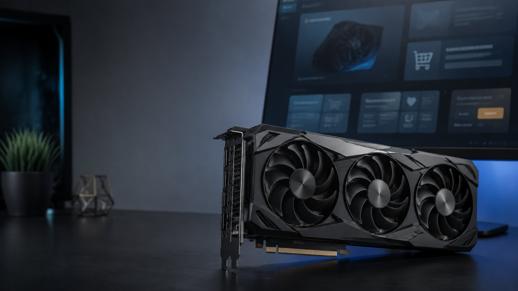 高性能グラフィックスカードとPC購入条件を確認するデスクトップ環境のイラスト