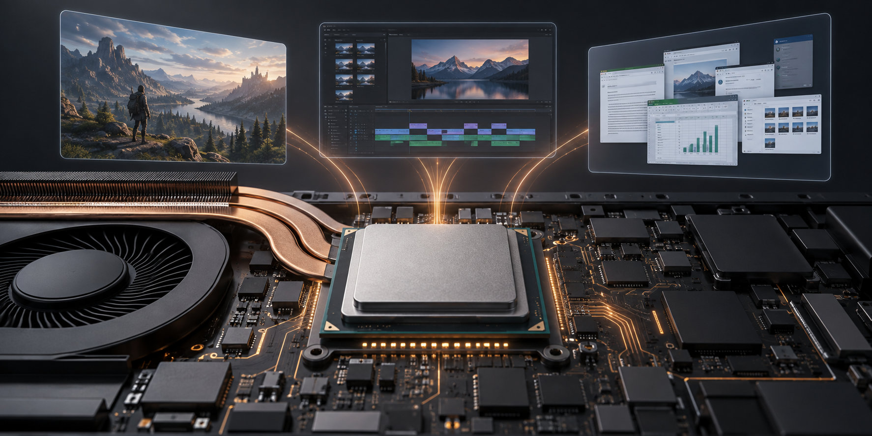 ノートPC用CPUと冷却機構を中心にゲームや動画編集などの用途を表したイメージ